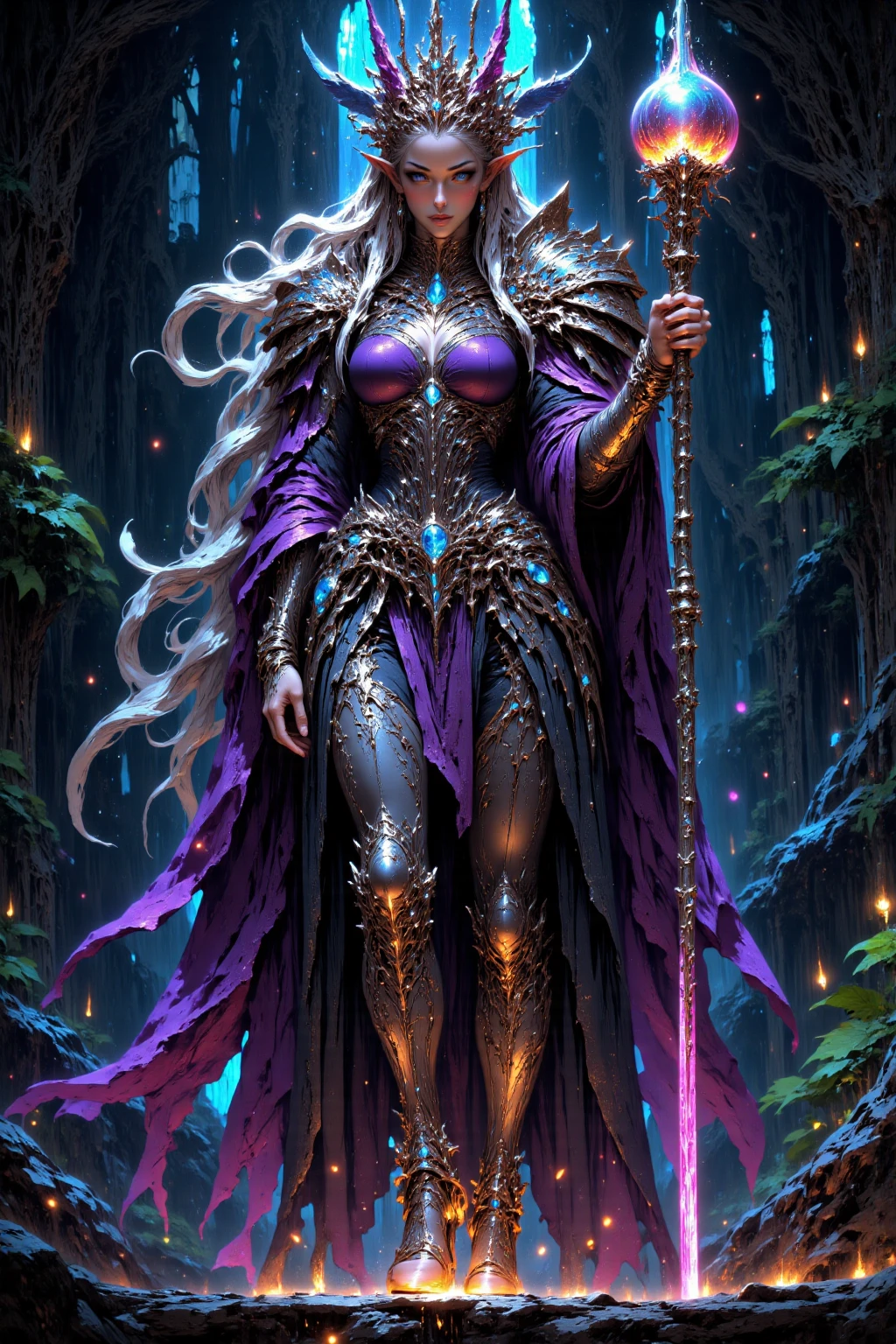 An elegant Asian female elf mage stands on a floating arcane platform ...