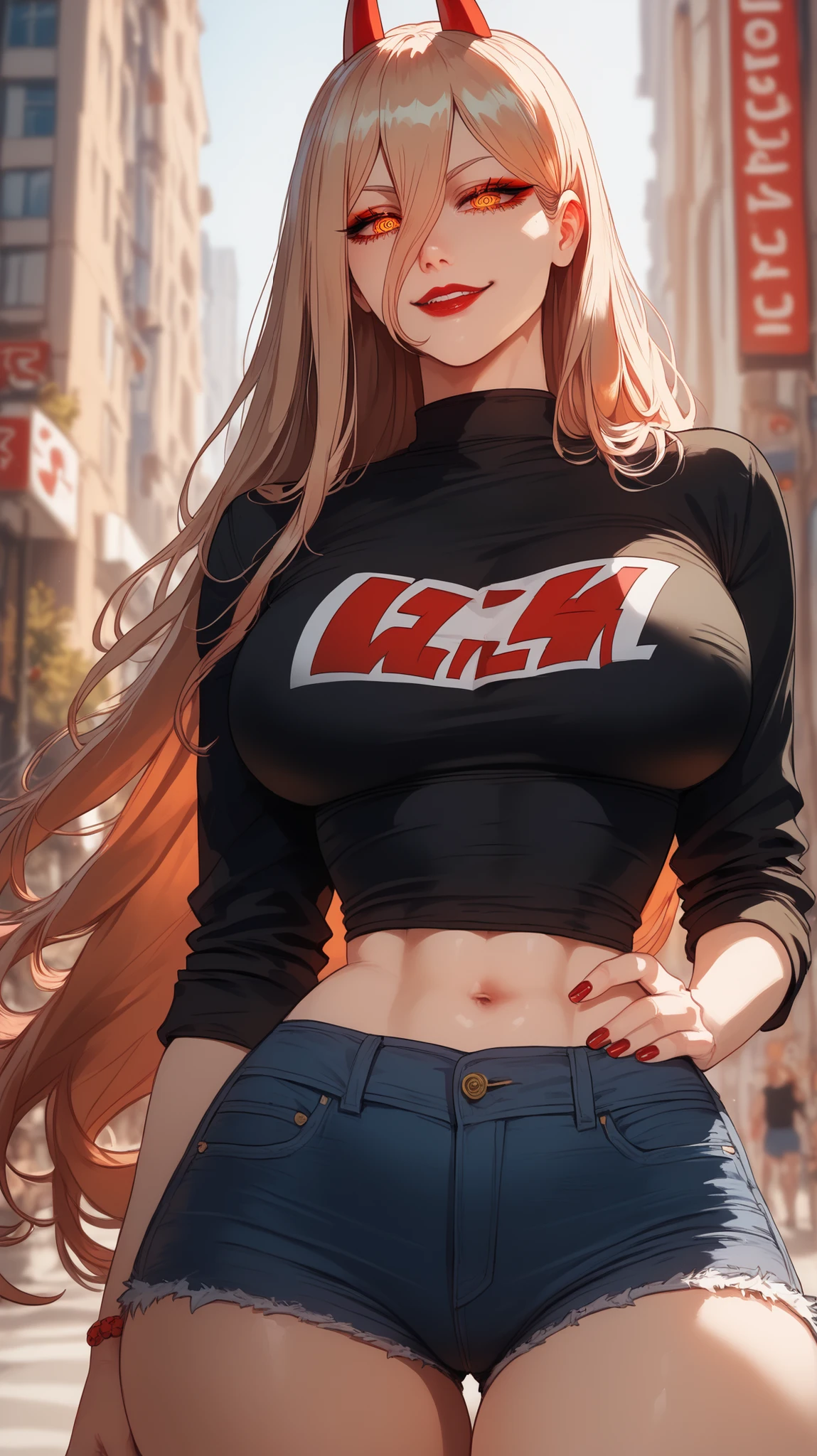 masterpiece, Highest quality, 1 person,( Are standing, View your viewers),Detailed Background、A person who writes in detail、Accurate human body、Knowledgeable person、Accurate 5 fingers, woman,Curvy body,alone, orfevre\(umamusume\),,crop top, dolphin shorts, pussy juices, Condom,used Condoms,tattoo,Text,body Text