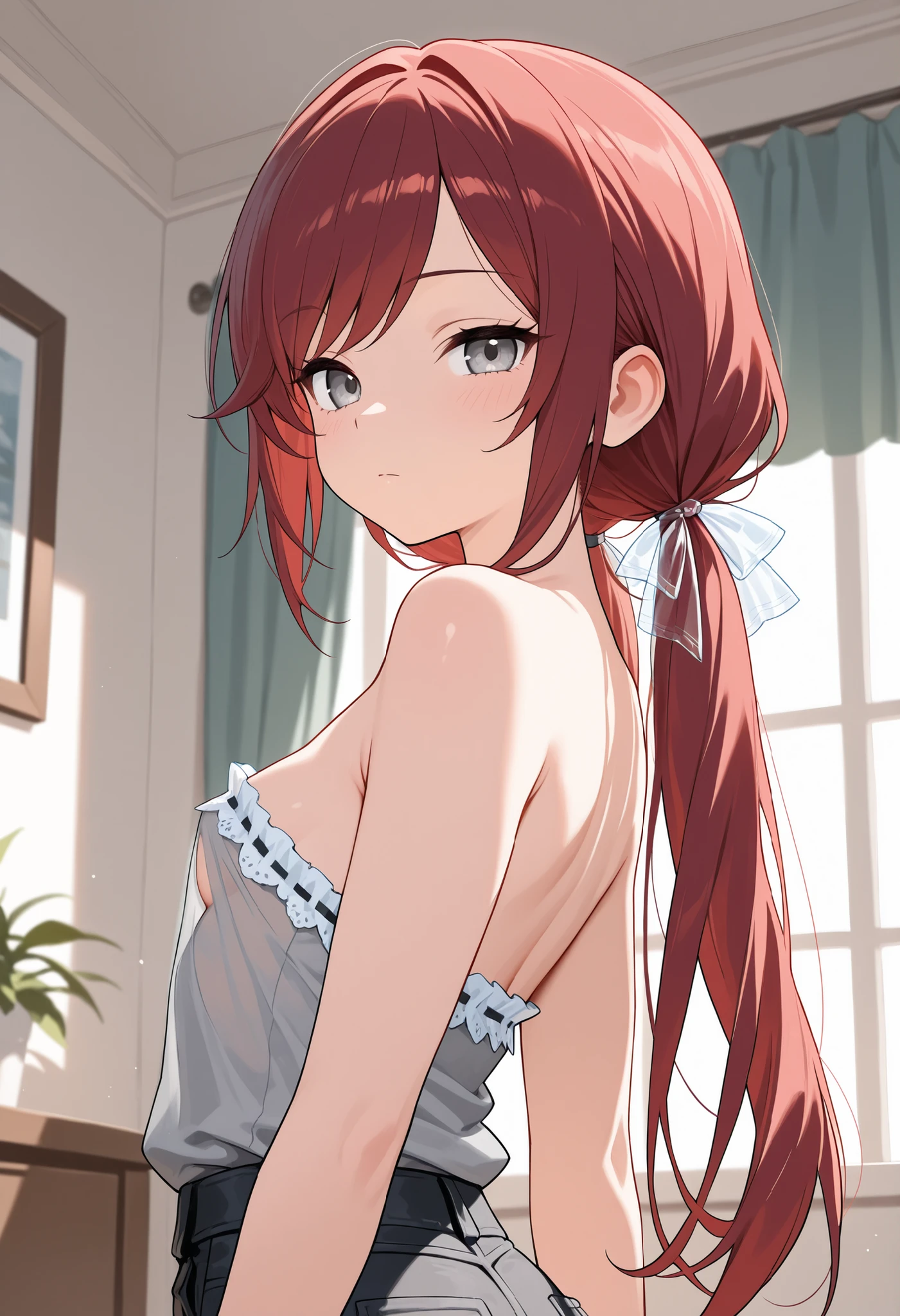(masterpiece:1.2, Best Quality), (finely detailed beautiful eye: 1.2), (beautiful detailed face), 1girl, tugging on shirt, expressionless, half open eyes, strapless sleeveless shirt, gray shirt, shirt with white trim, white frill trim, black jeans, , hair ribbons, translucent ribbons, small breast, sideboob, dark red hair, long hair, low twin tails, long hair, hair ribbons,gray eyes, swept bangs, indoors,