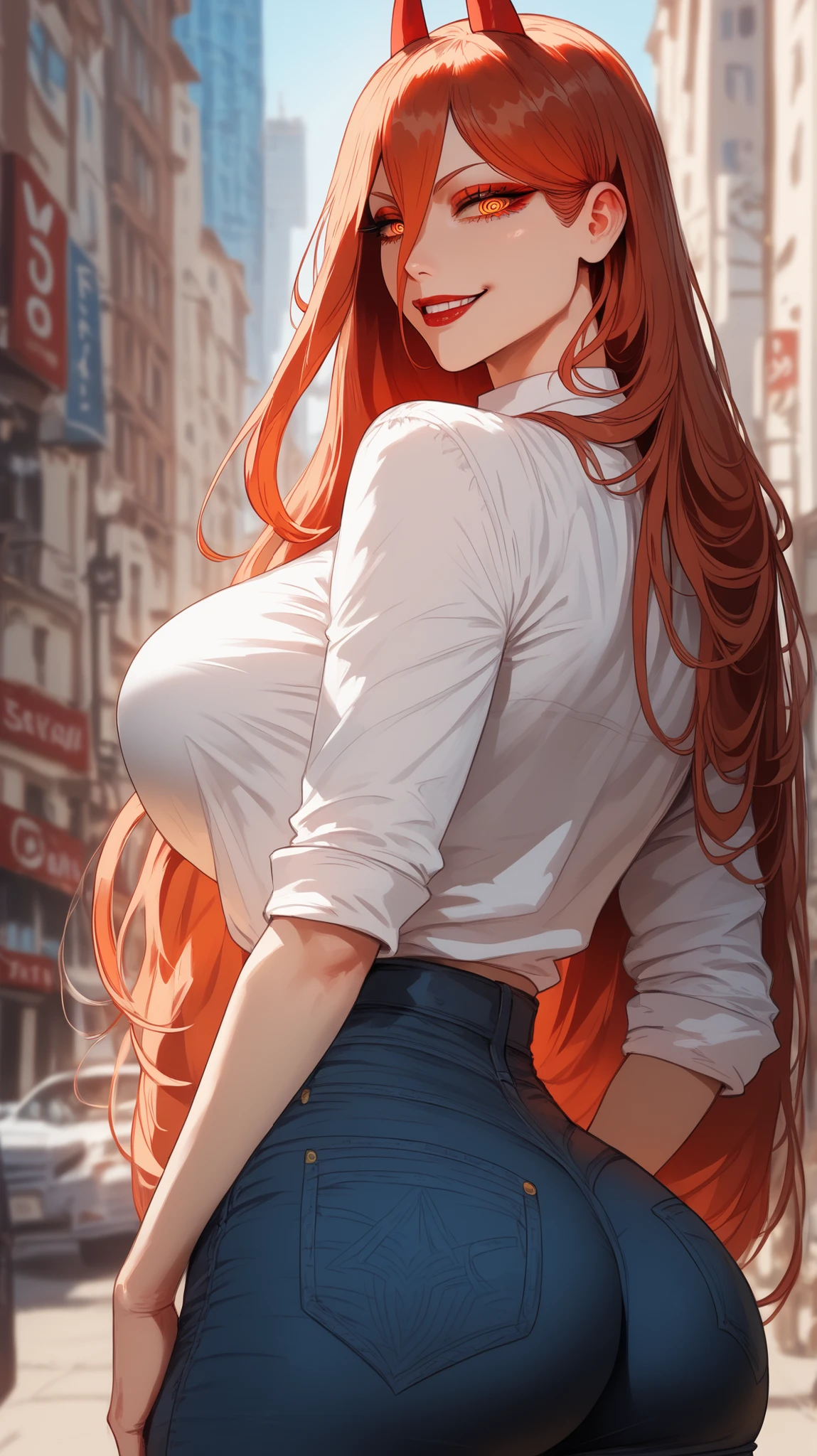 1girl,solo,super detailed skin,shiny skin,natural face, smile,half open eyes,eyelashes,lips gloss,red hair,long hair,parted bangs ,large breasts , button-down shirt,pant,morning city ,masterpiece,best quality,ultra detailed,high resolution,sharp focus
