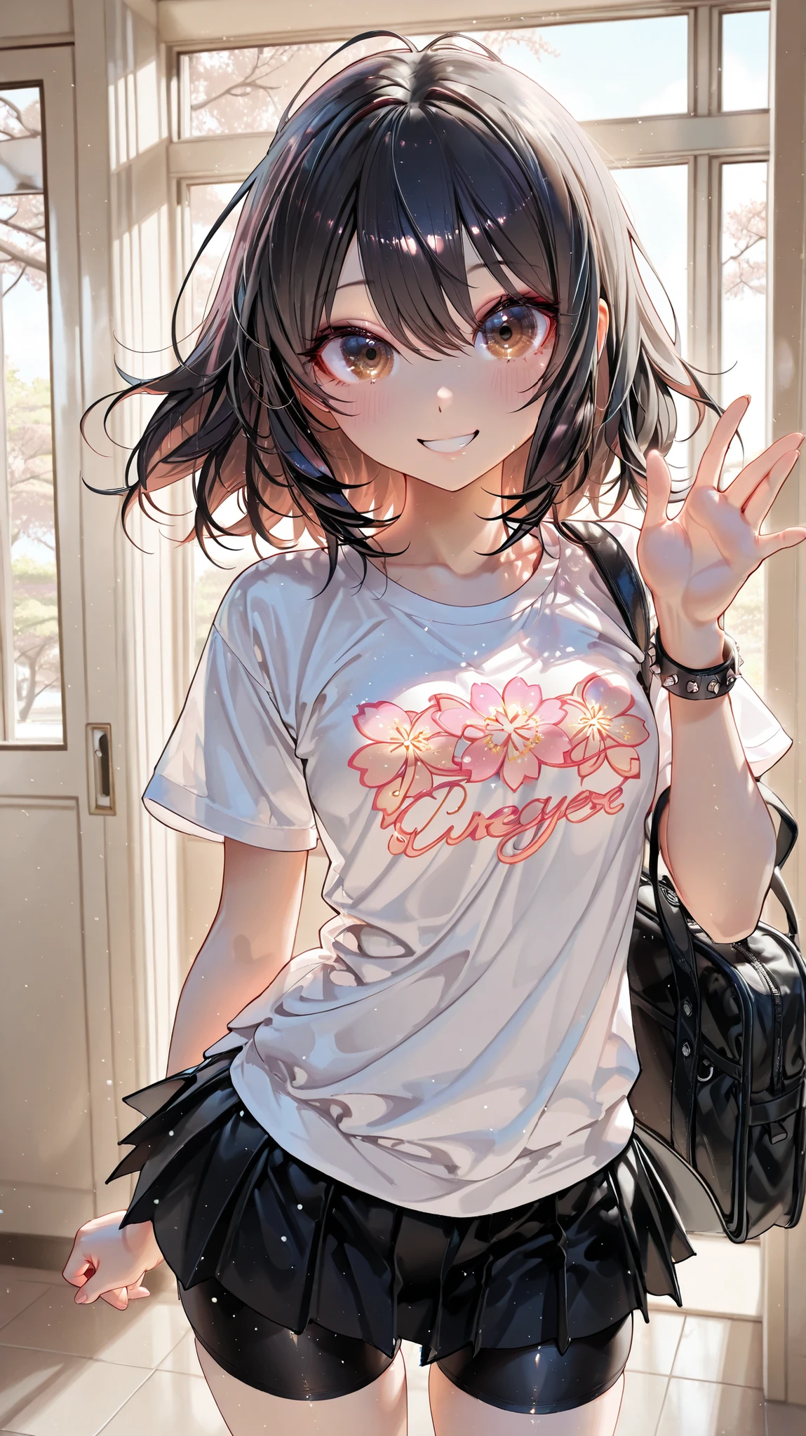 1 girl、、((Bedhead、Unkempt bob short:1.2))、 atmospheric perspective , cowboy shot,8-headed body, (extremely detailed CG Unity 8k that geeks seem to love), (最High Quality),(very well detailed),(ultra high resolution), black hair, (floral studded t-shirt), animated 2D rendering, Realistic young anime high school girl,brown eyes, small breasts, tall, Slanted Eyes , (School view),black hair、(Otoko、 aggressive personality :1.1)、nice buddy、uniform shirt and tie、from below、black thigh short student skirt、bike shorts、High Quality、4K、8K、Masterpiece、extreme detail、Realistic As Pictured、professional、vivid colors、bokeh、scenery、school natural light、Warm colors、 clear、((A cute pose))