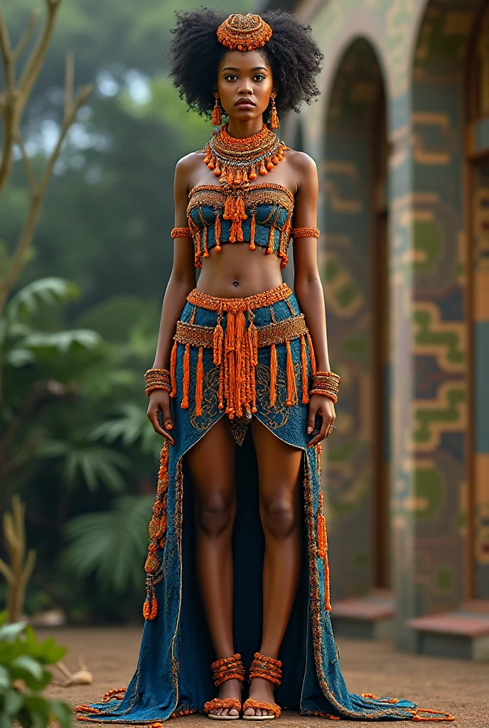 Orisha oxum, Deusa africana, African accessories, Skirt with conch shells, cinto dourado, colares Zulu, Nigeria, inspirada em Hale Bailey, cachoeira, lilies, Afrofuturismo, misticismo, African culture, tribal makeup, Orisha oxum, with necklace around African style, with bare breasts adorned with golden bracelets;, saia longa dourada, belt with gold coins and whelks, braided hair and mirror in hand in a waterfall with white lilies on feet,