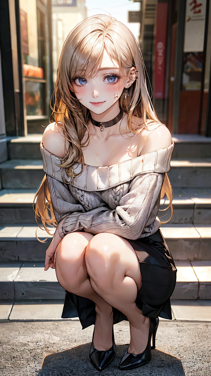 (masterpiece:1.2, top-quality), (realistic, photorealistic:1.4), beautiful illustration, (natural side lighting, movie lighting), 
looking at viewer, 1 girl, japanese, high school girl, perfect face, cute and symmetrical face, shiny skin, babyface, bare legs, 
(long hair, straight hair, sideburns, blond hair), swept bangs, blue eyes, (middle breasts, seductive thighs), piercings, 
beautiful hair, beautiful face, beautiful detailed eyes, beautiful clavicle, beautiful body, beautiful chest, beautiful thigh, beautiful legs, beautiful fingers, 
((grey off-shoulder sweater, white tight skirt)), black choker, high heels, 
(beautiful scenery), evening, (shopping mall), squatting, (lovely smile, upper eyes), 
