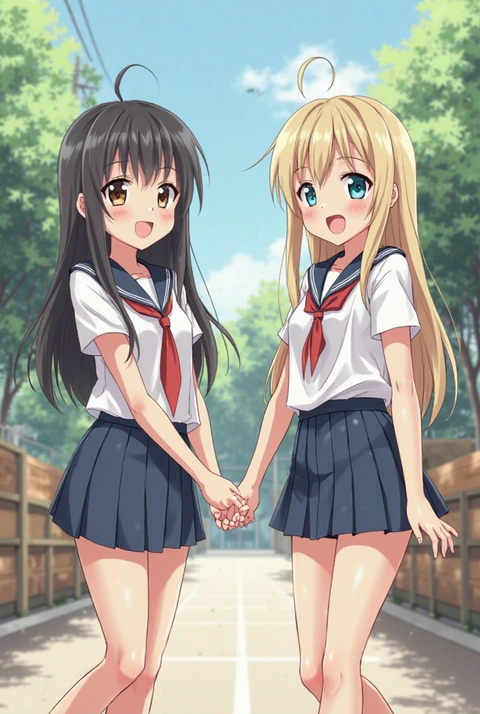I draw two anime characters. Two girls are standing in school. One has black hair and brown eyes. She feels excited and wears a school uniform with a short skirt. The second girl has blonde hair and blue eyes. She wears a school uniform and a short skirt and feels excited