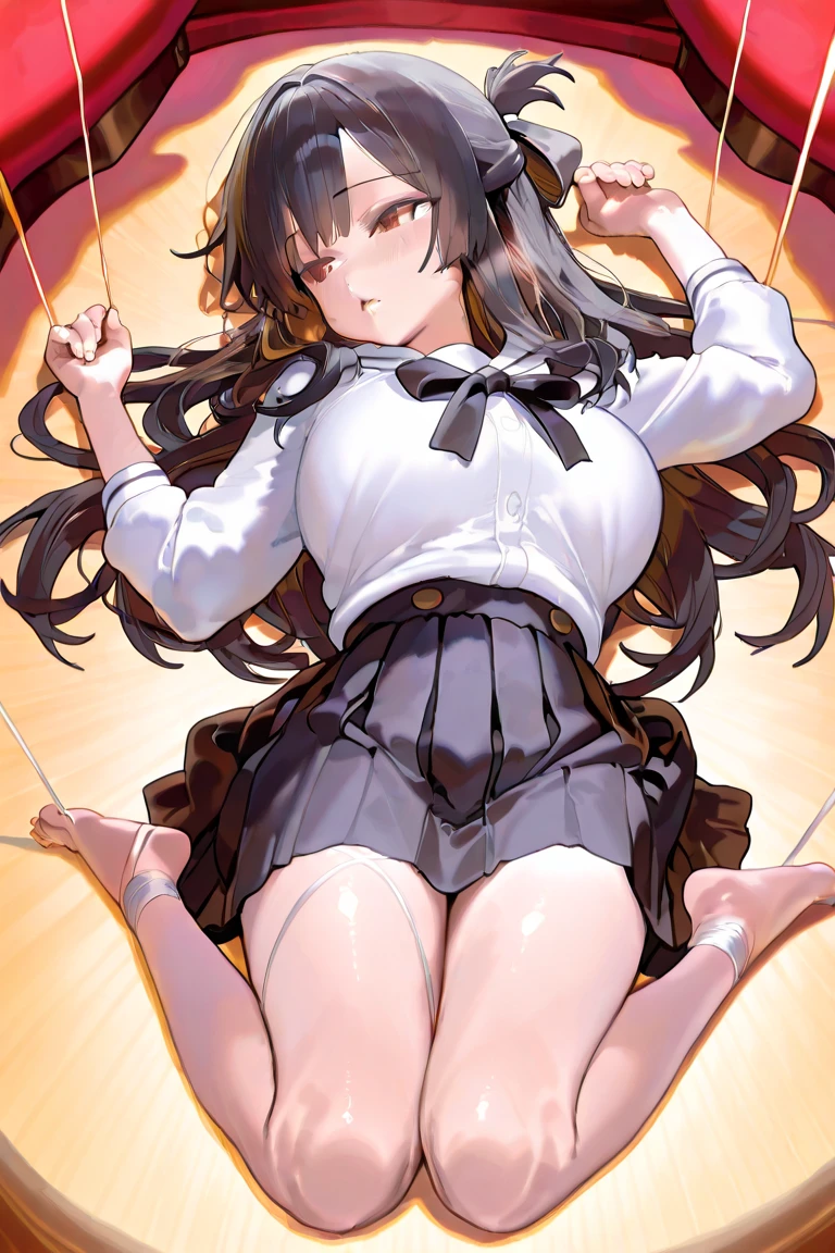 Show the armpits,Banzai with both arms,Soles of the feet見せる, sitting on metal, Soles of the feet, M-shaped legs,white panty, Woman with open legs, Alone, Solo, Hair inhalation, ripped school uniform, Handcuffs on wrists,chain,Handcuffs on ankles, chain, Glowing face,Open mouth,Crying face with closed eyes,足首にchain