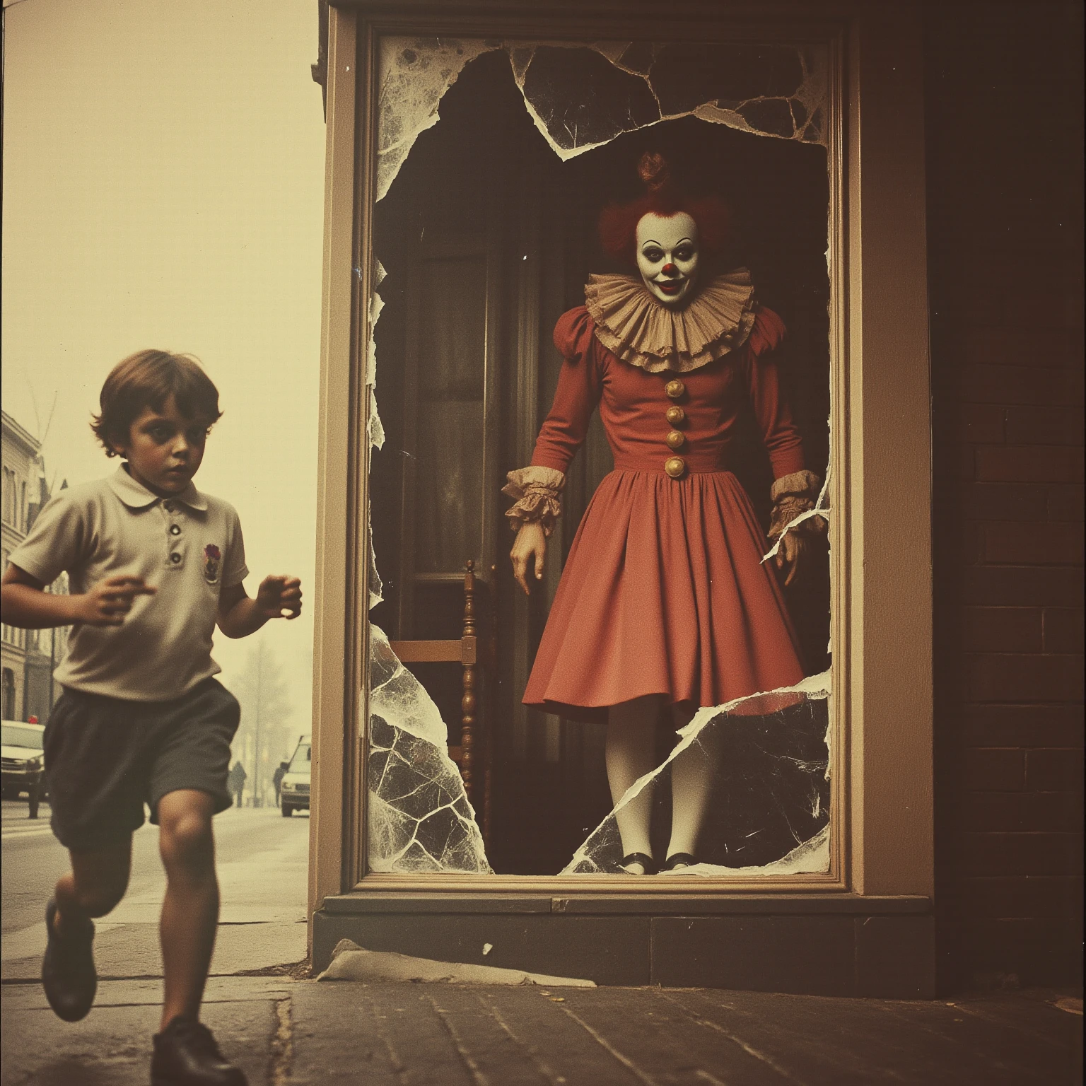A 5-year-old boy walking down a dark, deserted street in search of a red balloon, just a balloon, that is loose in the air, dangerous situation, Alone boy, far from home, lost on the way to school, アニメ, fotografia de cinema, hyper realistic