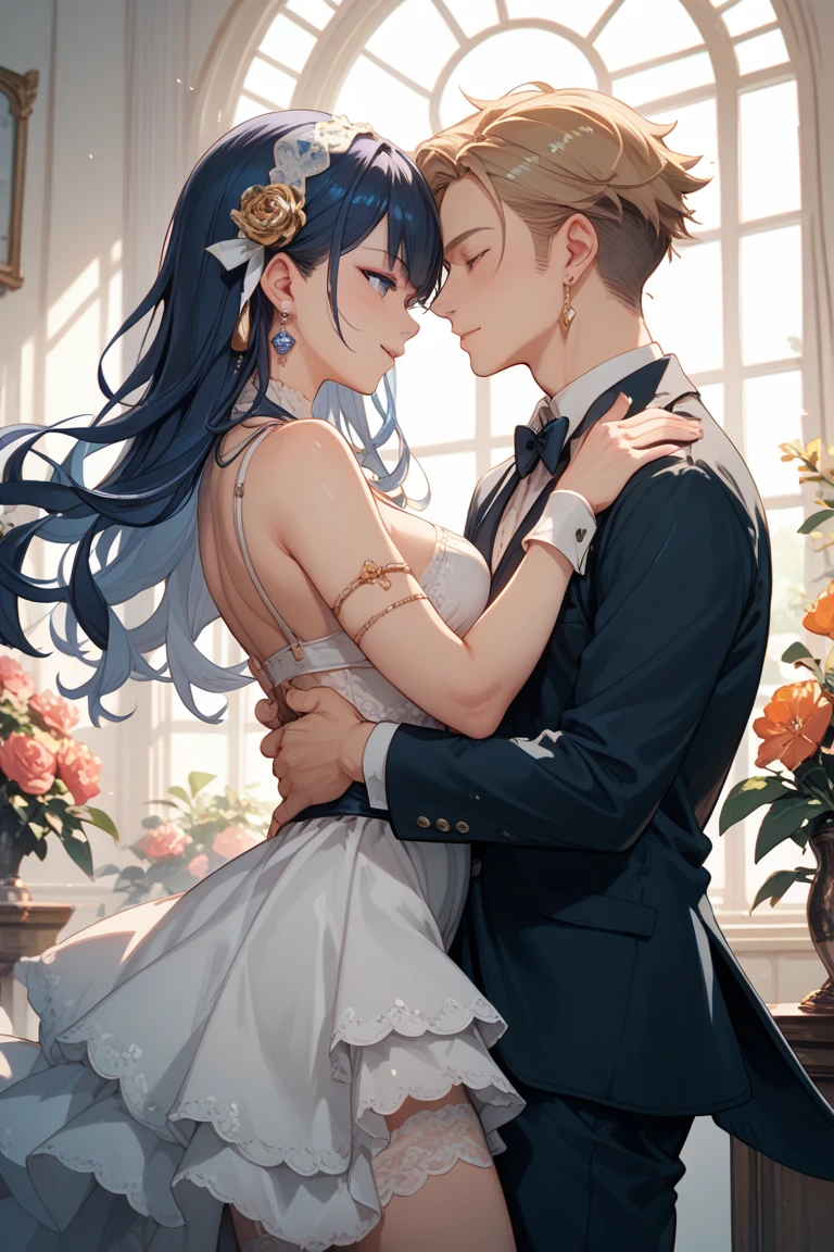 NSFW,masterpiece,Highest quality,High resolution,Super detailed,Star Town Suisei\(Hololive\),Blue Hair,One Side Ponytail,Blue Eyes,Small ,(Fine white silk dress),Estrus,e face,blush,(Sweat),Luxurious Room,Party Venue,clier,(Middle-aged men),A man puts his hands on her waist and hugs her,Having sex,Insert,Creampieart,Surren