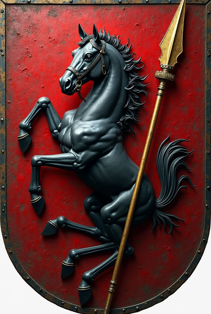 Coat of arms with the shield divided in half with the colors red and white , a black horse in the center of the shield, at the bottom of the coat of arms there are spears crossing behind and at the tip of the spears a red and white flag