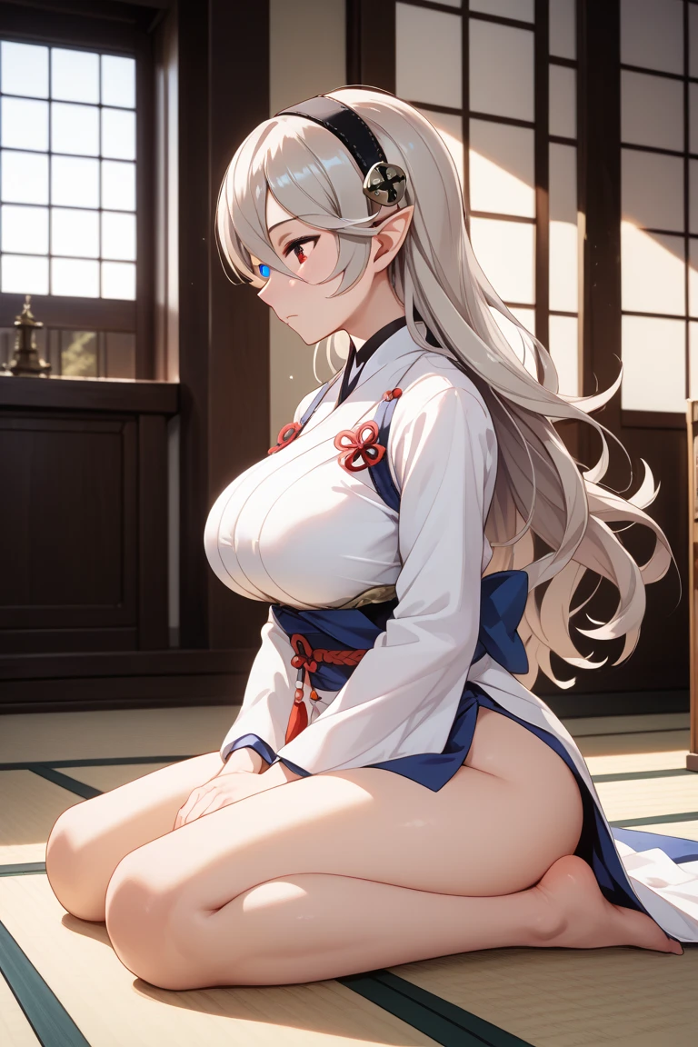 view viewer ,smile,blush, A MILF, Shiny body, Shiny skin, , Huge breasts ,Shiny skin,BTPT-FC,wide hips,Sweat,heart mark, Heart-shaped eyes,, ,narrow waist , folded ponytail,blue eyes,thick thigh,folded ponytail, white hair, blue eyes, headband, bandana, ainu clothes, cropped jacket, dress, long sleeves, pelvic curtain, thighhighs, wrist guards, sideboob,indoor,sitting on chair,open mouth,from front,pov