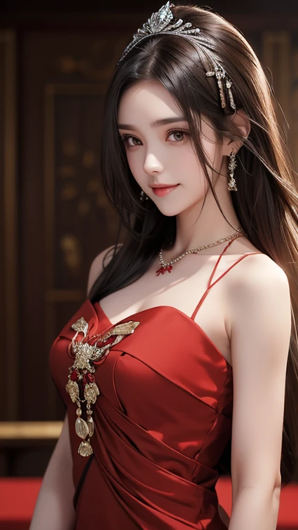 (highest quality、Full body photo 1.2、8K、best image quality、Award-winning work)、(one young girl, 14 years old:1.3)、(Luxury dresses:1.2)、(red eyeshadow:1.2)、perfect makeup、long eyelashes、Super high-definition sparkling eyes、ultra high definition hair、ultra high resolution glossy lips、Super high resolution perfect teeth、Super high resolution cute face、brown hair、(((very long straight hair:1.2))、look at me and smile、[clavicle]、accurate anatomy、Luxury love hotel、(The most moody warm lighting:1.2)、blurred background、With bangs、Super high-resolution glossy and moisturized face、Super high resolution glowing skin、most detailed face、Ultra high resolution detailed faces、ultra high resolution hair、Super high resolution sparkling eyes、Beautiful face drawn in every detail、Super high resolution glossy red lips、big breasts、cleavage、Fashionable necklaces、(((Full body photo 1.2)))、Hair fluttering in the wind 1.2、Professional Lighting 1.3