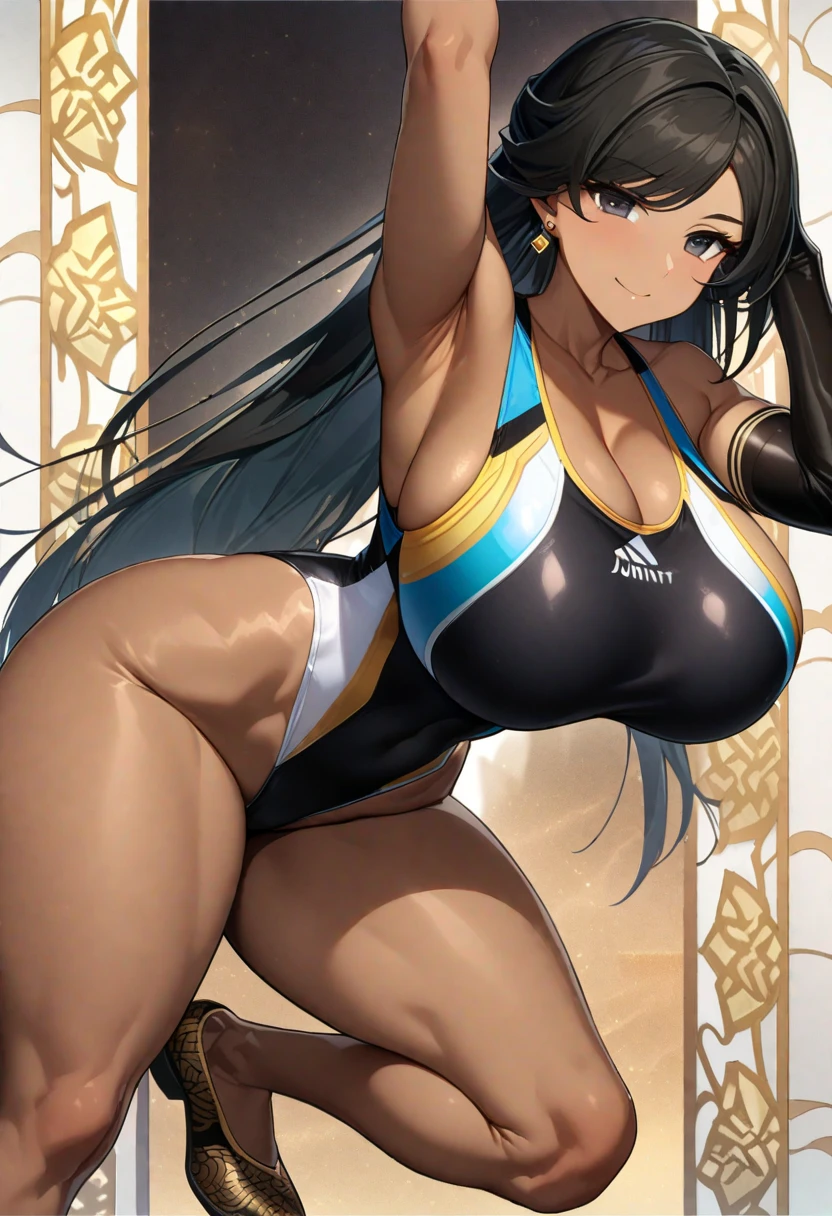 ((best quality)), ((masterpiece)), (detailed), front view, perfect face, dark skin, light brown skin, tan skin, dark elf, pointy ears, tall, slim, alone, happy, colorful hair, braids, athletic, abs, beautiful ass, beautiful breasts, Wetsuit