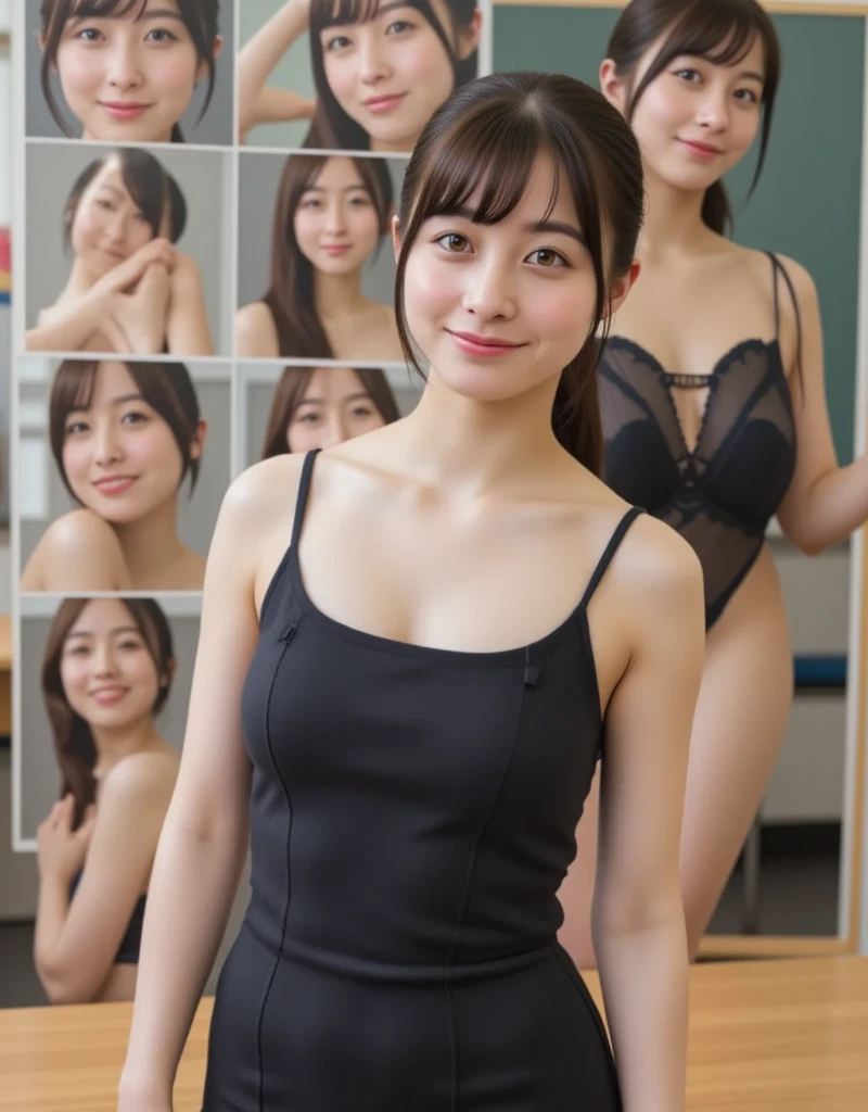 Bust 100、waist 69、A photo of a beautiful Japanese woman with a hip size of 100 wearing a black micro bikini smiling and sitting with her legs 90 degrees apart and her knees bent.。