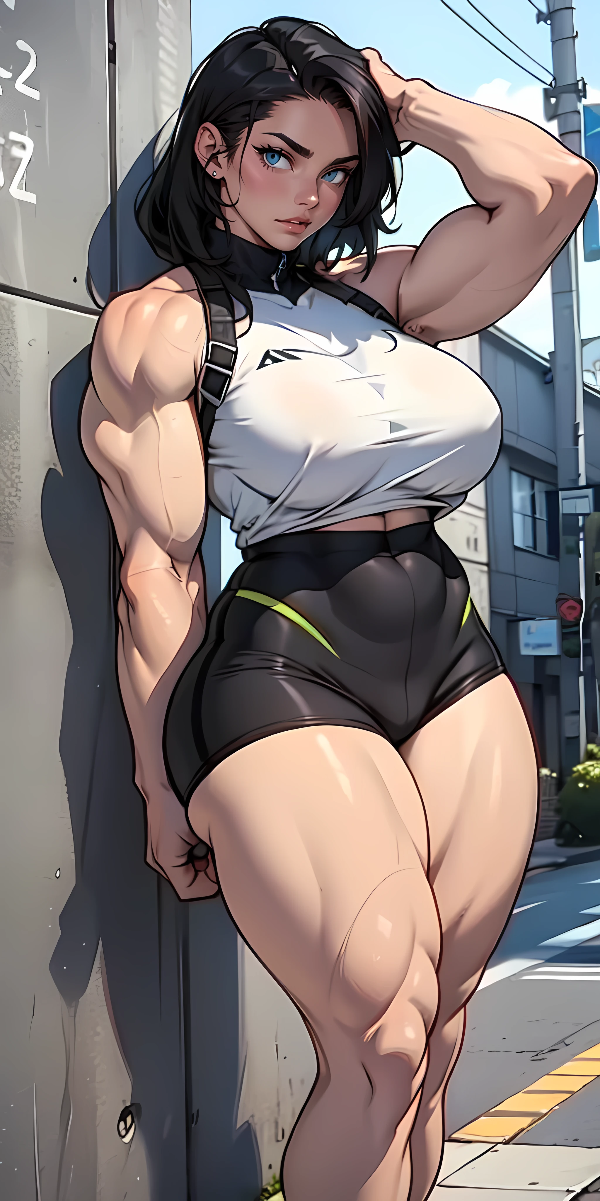 (masterpiece:1.1), best quality, highest quality, perfect anatomy, highres, ultra-detailed, 8k wallpaper, texture, detail, unique, HDR, (extremely detailed CG:1.1), elaborate features, professional photo, beautiful detailed eyes, ray tracing, hentai, perfect face, octane render, realism, innovative,
1girl, close to viewer, sharp focus, hard focus, clearly,
streaked hair, asymmetric hair, bangs hair cut:1.1),
mature female, chiseled face,
satisfied,
(bike shorts:1.1), (tube top:1.1),
gigantic tits, huge round ass, light blush, sweaty, shiny skin, deep skin, vibrant colors, steam, lustrous skin, slightly lips,
outdoors, after workout, overflowing bra,, (wide hips:1.4), (big buttocks:1.4), (thick thighs:1.4), (small waist:1.4), (gigantic breasts:1.4)