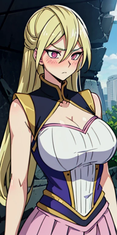 masterpiece, best quality,Gloria Tyler, blonde hair, pink eyes,serious, long hair, large breasts,sleeveless,pink skirt, (ruins),blush,tight skirt, miniskirt ,(upper body),huge tits,nipples,(show nipples)