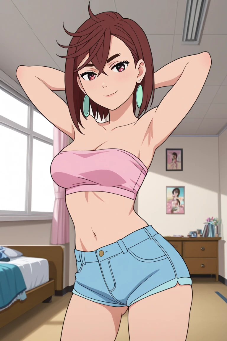 Masterpiece, best quality, love live style,maki nishikino, solo, purple eyes,standing , taking selfie,mini gym shorts, crop tank top,sweating, black bike shorts , curvy hip,(shorts pulled down:0.9) , from above ,v,duck selfie, incoming kiss, parted lips 