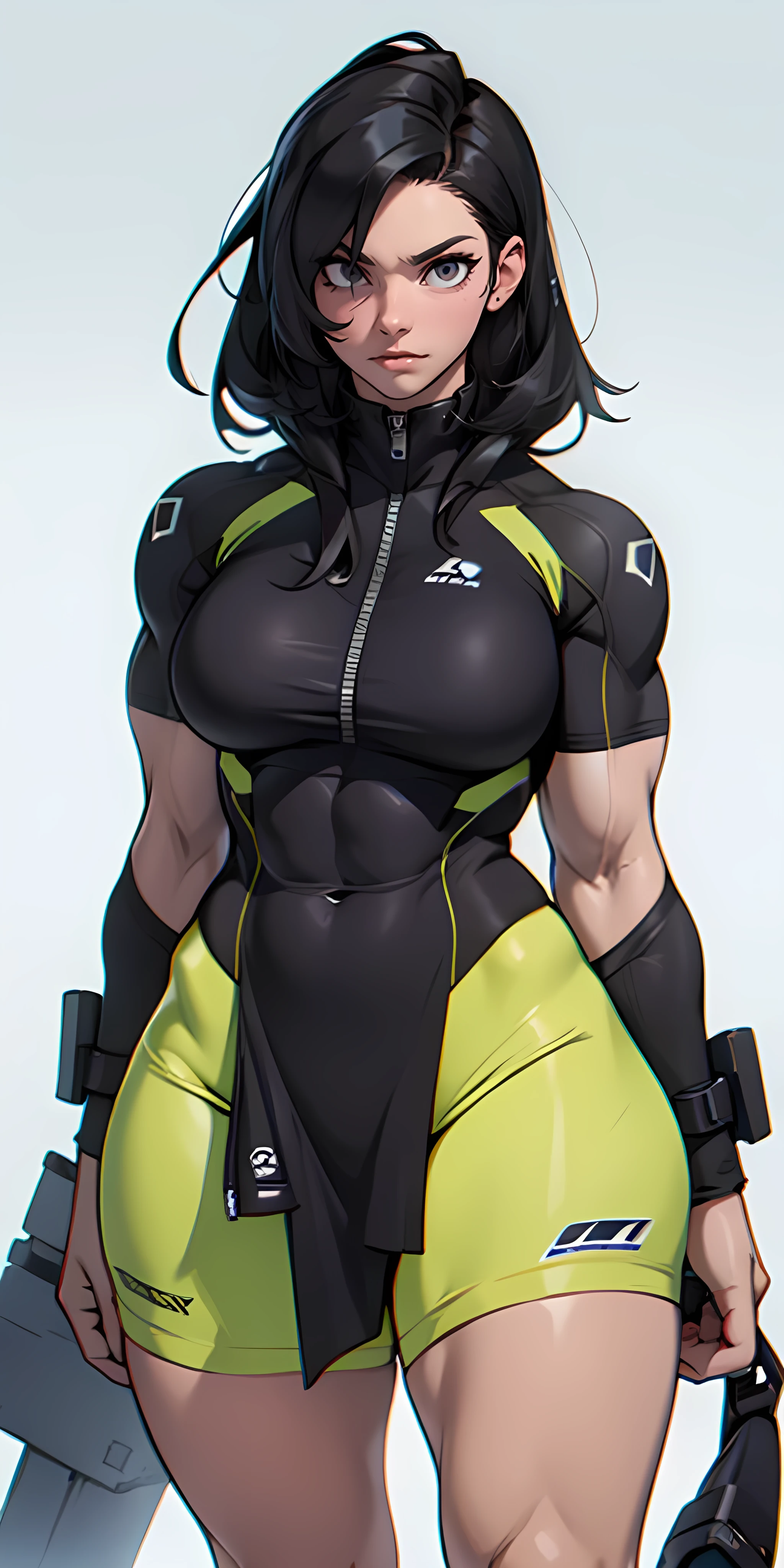 disgust ((muscular)) breasts huge thighs pale skin black hair yellow eyes girl
