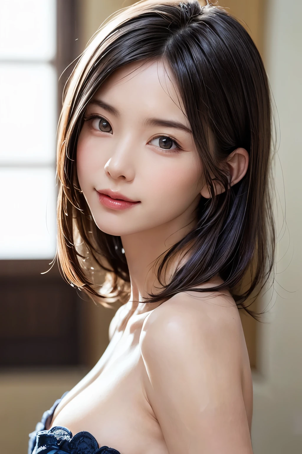 (top quality, 8k, masterpiece: 1.3), pretty woman with perfect figure: 1.4, dark brown hair, big, wearing pendants, torn shorts, sleeping in bedroom, very detailed face and skin, detailed eyes, double eyelids, top quality, masterpiece, (photorealistic: 1.4), one woman, golden ratio, high angle shot, upper eye care, low angle shot, perfect face, beautiful figure, cute face, face close-up, zoom in on face, short bob, short hair, smile from different angles, smile, gloss, highlight, gloss, glossy on skin, glossy on skin, wet skin, wet, bangs, cute smile, bust, off-shoulder, refreshing charm, elegant, perfect hands, smile from angle, smile, shiny, highlight, glossy skin, bangs, bust, big, Warm off-shoulder, refreshing charm, ears out, gaze to the camera, poses at different angles