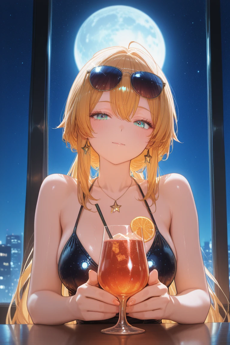 14 years old、beautiful girl、smile、Yellow Hair、Big eyeoonlit Night、Close-up of face、Beautiful collarbone、Yellow Dress、Close-up of face、Cleavage