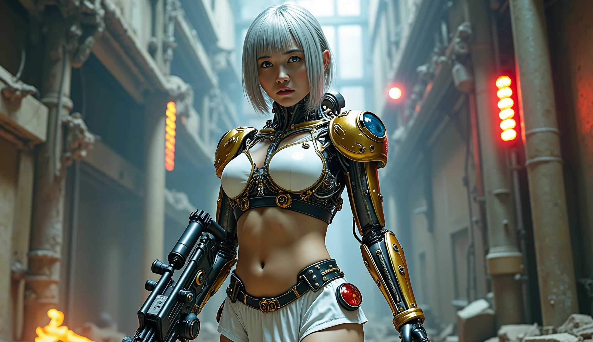 very well detailed Ultra Fantasy Ultimate Details Ultra-high resolution 8K 32k 3D Clear Eyes Silver髪 gatling gun mechanical engineering mechanic art cyborg black,(濃いblack檀の肌:1.4),(mini skirt white cyborg :1.4), gold, Silver Don' gun steampunk has a grenade , (85mm f/1.4), High Quality, ( RAW photos , 最High Quality), (realistic, photorealistic: 1.4), (very delicate and beautiful: 1.4), great, fine details, masterpiece, Super Detail, high resolution, best illustrations, vest shadow, complicated, ( extremely complicated: 1.2), (Exquisitely rendered skin), Cinematic Lights , perfect anatomy, (Cool colors: 1.4), sharp concentration in nude clothes, 8K Ultra HD, DSLR, (Fujifilm XT3), (cinematic lighting :1.4), (Cyberpunk Style), (濃いblack檀の肌:1.4), ,(Ruined Underground Labyrinth Background:1.4 ), (cyborg mecánica white plastic transparent :1.4), mechanical vertebrae attached to the back, Mechanical Neck Attachment, Wires and Cables Connected to Head, Evangelion, Small bright LED lamp,(Fire Manipulator:1.4) , (colored glass BodySuit transparent cyborg :1.4), (Tokyo Night、Cyberpunk City Backdrop :1.4)