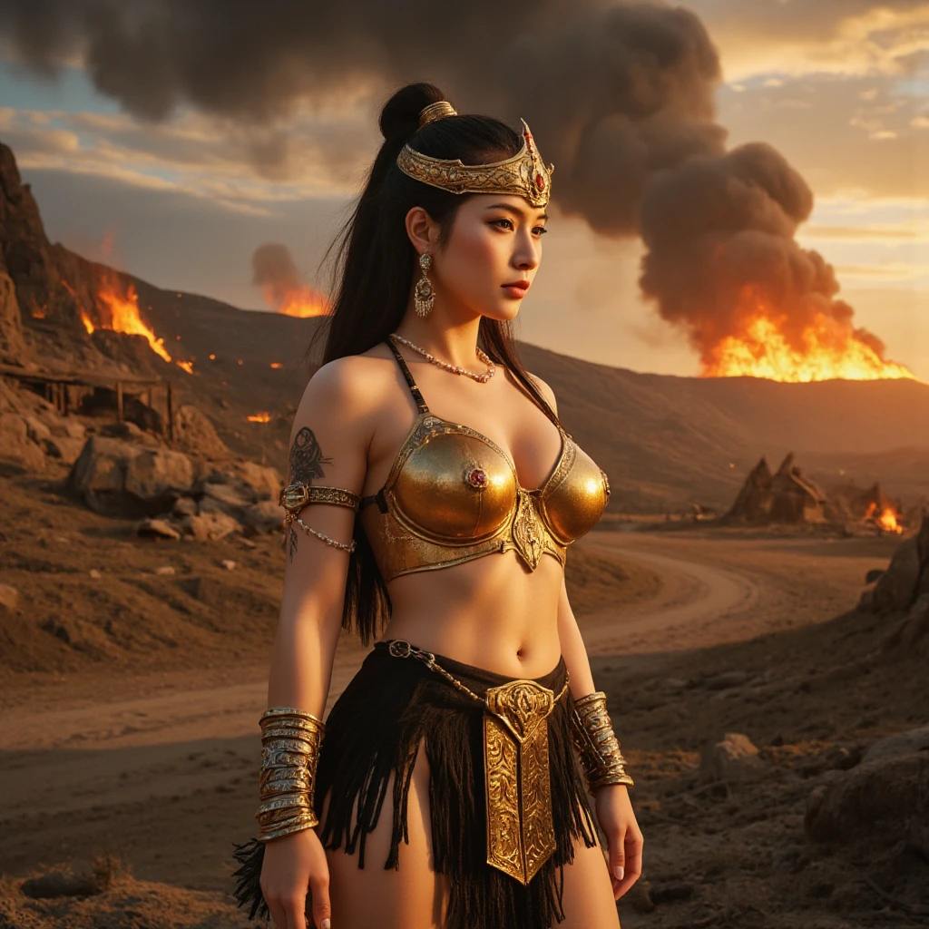 masterpiece, epic, majestic, best quality, very high resolution, 8k, hdr, digital photography, dynamic pose, Over-The-Hip Shot, head to toes, looking at camera with a taunting expression, majestic female Indianan conjuror, decisive, affirmed, independant, powerful, intrepid, long muscles, (Carnelian:1.1) and metallic alloy extremely bulky armor, heroic, armed, gloved hand, (long blueish black hair:1.1), kneeling, clear and beautiful inside the colosseum background, (jewelled weapon at belt:1.2), iridescent, transparent, translucid, reflection, refraction, diffraction, caustics, volumetric lights, volumetric shadows, (extremely detailed and delicate:1.2), (extremely fine and beautiful:1.2), partially backlit, (sunset lighting and nearby lighting from out of frame:1.3), (realistic lighting:1.2), (dynamic colors from lighting:1.2), (intricate details:1.3), hyperdetailed, ultrarealistic, (sharp focus:1.2), (SFW:1.2)