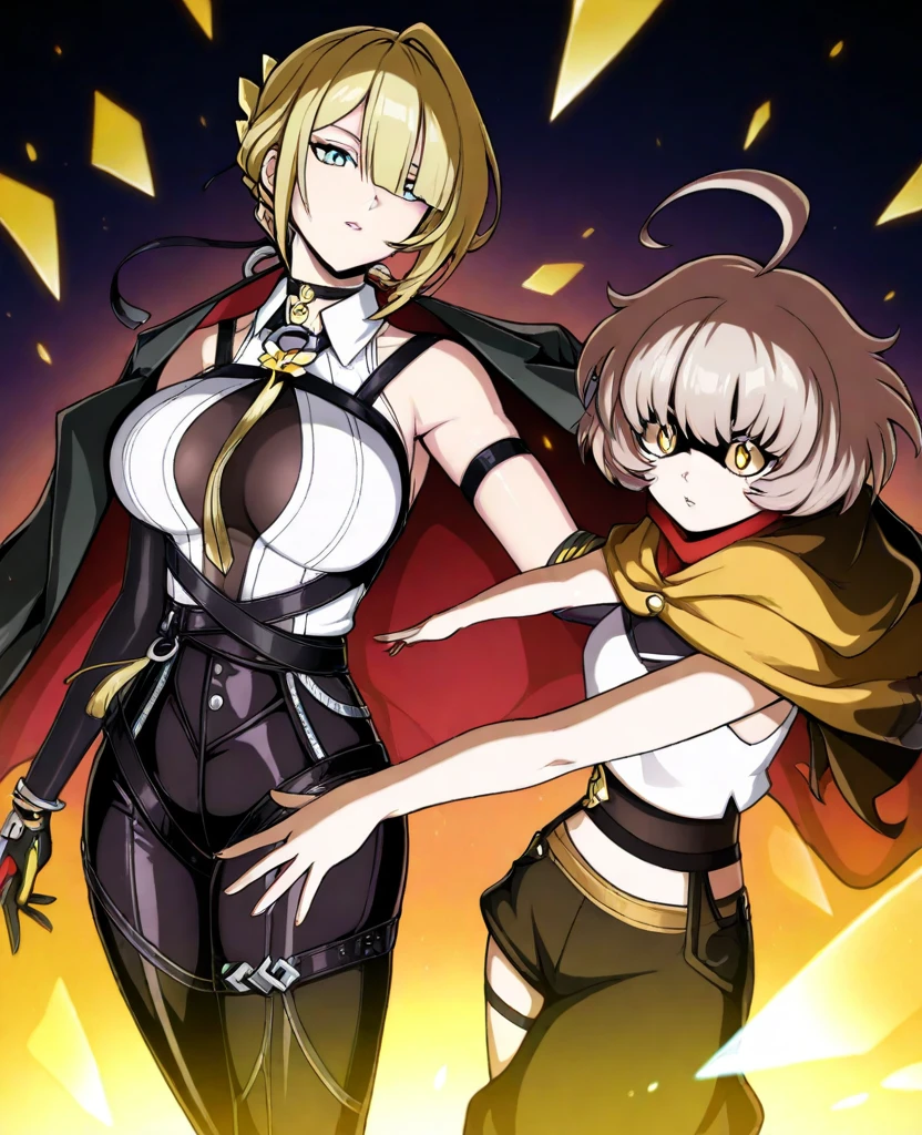 Masterpiece, Best Quality, Highly detailed, illustration, absurdres, street fighter, doll suit, shadaloo doll, dollsuit, girls, multiple girls, expressionless, blank eyes, looking at viewer, red gloves, emotionless, black latex, corrution, mind control, female combatant, full body, hypnotized, unhappy trance, full body suit, ribbed bodysuit, both arms at side, stand up straight, obey, perfect female body, extremely glossy latex, hypnosis, hypnoLora, empty eyes, Mind control device, oses, submissive_pose, Slave, hat, necktie, stand up straight, standing, standing at attention, Slave, hat, necktie, belt, extending the right arm from the shoulder into the air with a straightened hand, nazi saluting, military, military saluting, salute, latex, dark armor, the dark princess, langrisser ii, robe, cape, oumae kumiko, Sound! Euphonium, brown hair, gold eyes