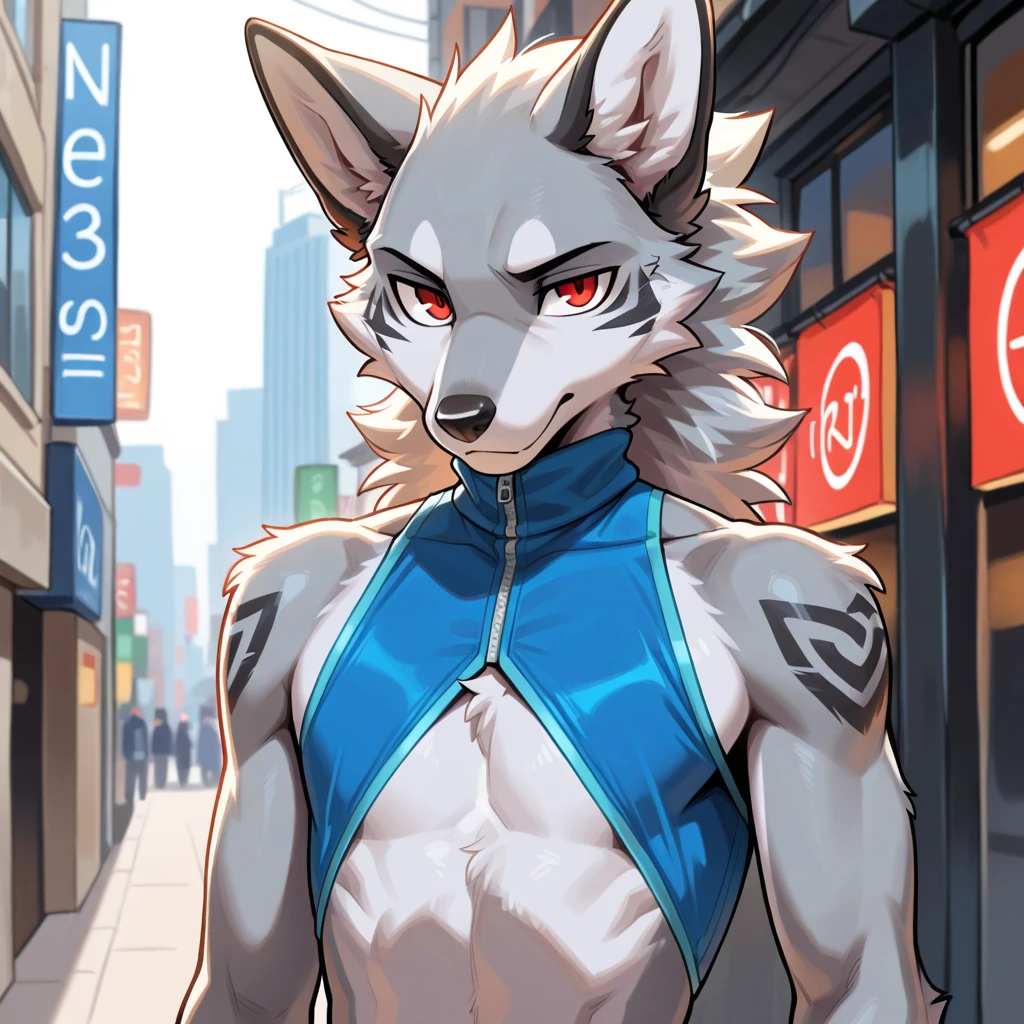 Solo, teen furry, furry, teen, white fox, fox, white body, grey stripes, googles, black sleeveless jacket, black loincloth, holy magic, masterpiece, Detailed face, big eyebrows, blue eyes, detailed eyes, No muscles, Detailed hands, Flat body, Skinny, Detailed paws, no shirt, no underwear, black gloves, black boots, art by negy, action pose,
