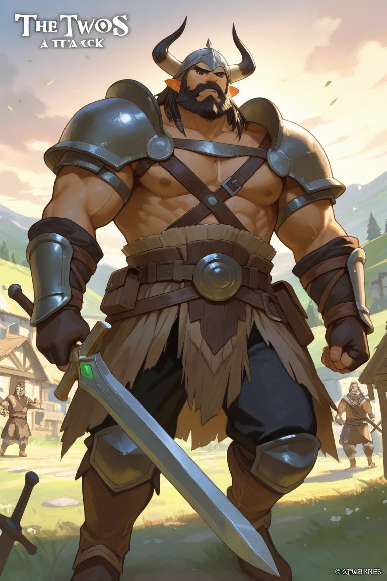 a rpg dwarf, strong, muscular, bearded, leather clothes, forging a sword, bottom, furnace, fire.