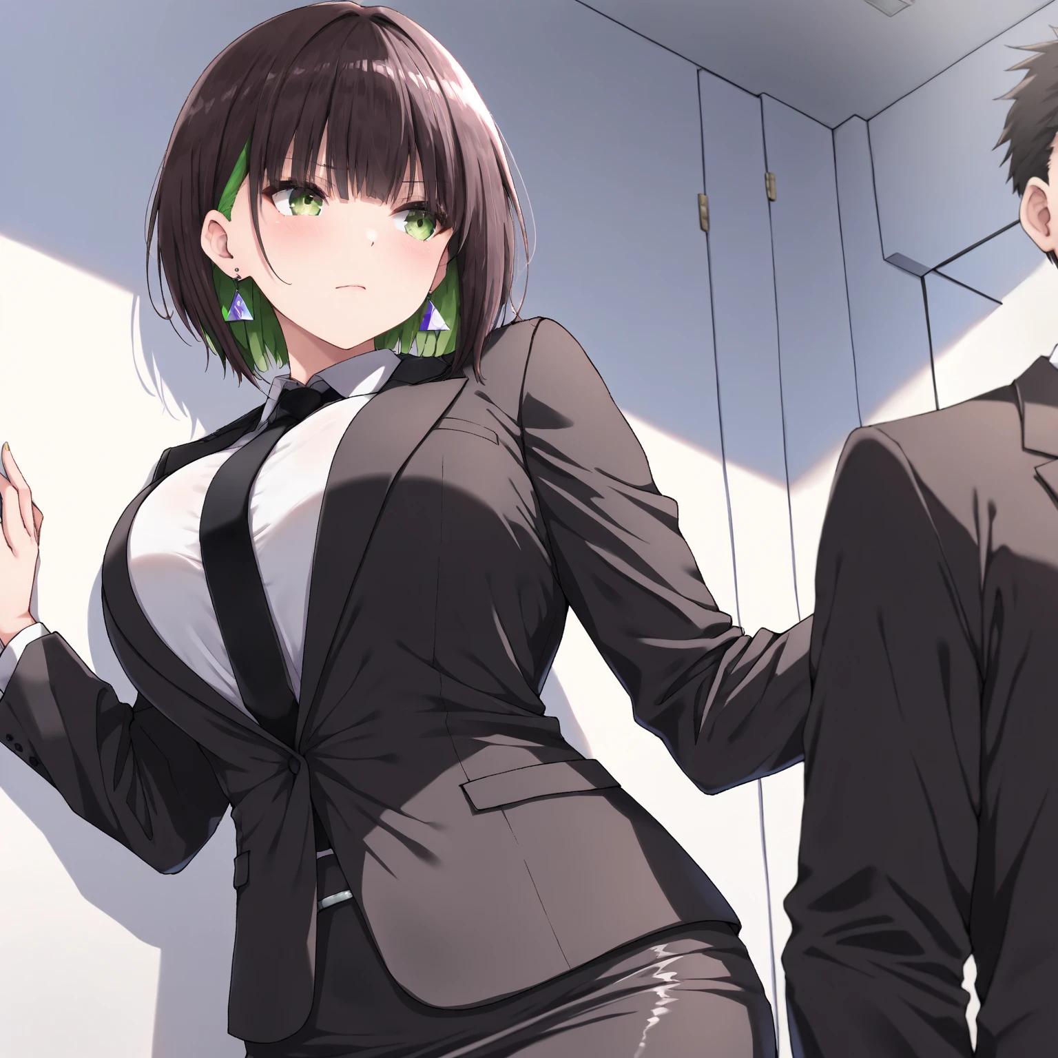 、(masterpiece、Highest quality)、Highest quality, Ultra-high resolution, (((masterpiece))), alone, Sweat、Big eyes,office、Tight white dress shirt、Tight black suit、Tight black pants、indoor、Composition from the front、(Cut the back hair short、short hair、blonde、woman)、Shortcuts、Embarrassed face、Cut your hair short、可愛いwomanの子、Big Breasts、Sit on a chair、Face to face、Composition from the front、View your viewers