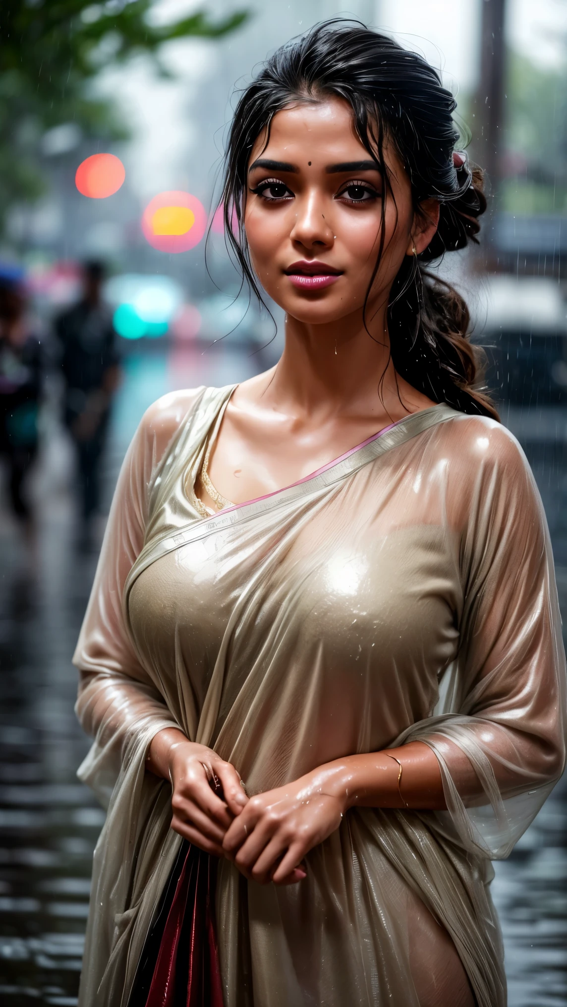 A masterpiece! A stunning Indian girl, her disheveled hair a testament to the torrential rain that surrounds her. Beautiful, detailed eyes sparkle with joy as she gazes directly at the viewer, her long locks tied back in a neat bun. She wears a casual t-shirt, slightly transparent from the wetness, and her medium-round breasts are subtly visible beneath. In a side pose, she revels in the heavy rain shower, her big cheeks flushed with happiness. The street background is a blurred Bokeh, while raindrops glisten on her skin, capturing the essence of a carefree rainy day.rain drops,paid girl , heavy rain, slightly show half nipple , very sexy (conveying love to boy friend) flowers on head, dark red-gold black skin