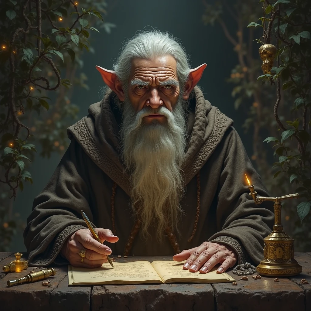 Vieux nain magicien barbu et fou entouré de parchemins