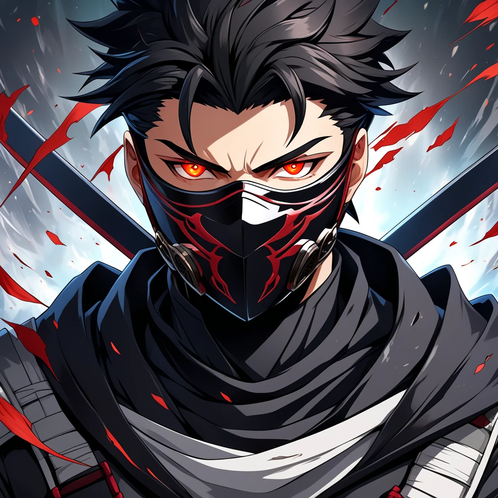 Kaneki,young man,Short black hair,Wearing a strange mask,anime characters