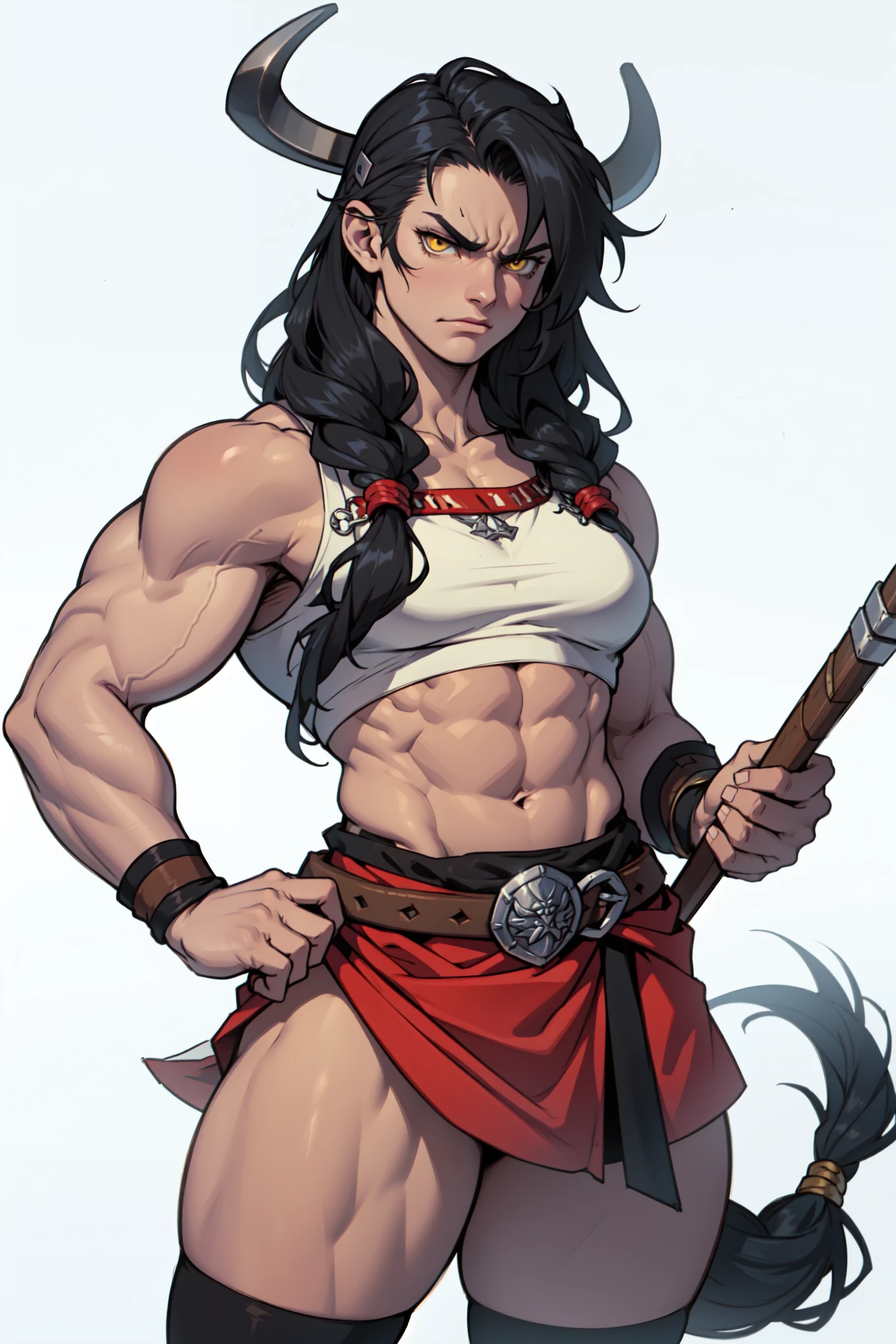 muscular girl with strong thighs, muscular chest, black hair, yellow eyes, fair skin, wearing native Indian attire, no bra, fully exposed chest, wearing a loincloth with bare hips, illustration,ultra-detailed,The screen has a yellow tint,studio lighting。
