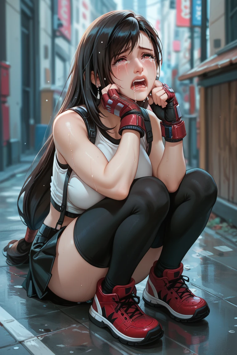 fulbody. a male streetfighter is grabing her hair from behind her. a bloody beautiful young Japanese female streetfighter is beated down in the backstreet. Blood is dripping from her nose. She is covered in scars and bruises. She's on all fours. she is damaged terribry. she was defeated. she lost the fight. she was knocked out. Short-cut black hair, out of breath, drooling from mouth, crying, exhausted, drenched in sweat. one eye closed, Erect nipples. open finger glove. denim shorts, sports-bra