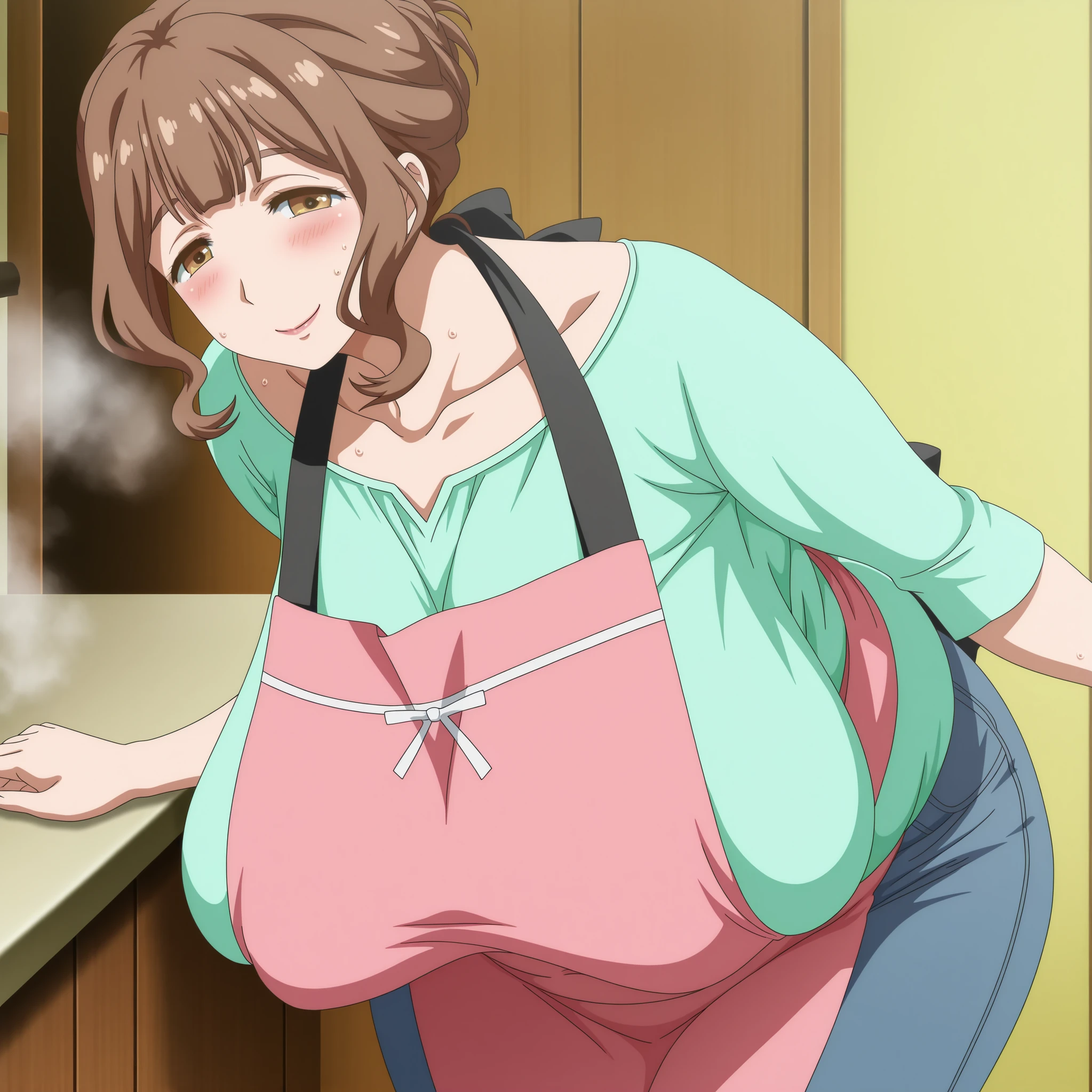 1girl,milf,gigantic breasts,torino_kazami,mature female,gigantic breasts,plump,brown hair,brown eyes,updo,lipsticks,wide hips,thick tightsplump,everyday clothes、pink apron、Light green shirt、Blue jeans、inside the house,