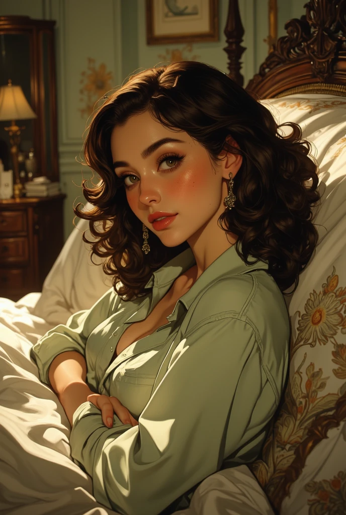 Amazing portrait of a sexy woman with a beautiful face emphasized by sexy makeup with beautifully detailed eyes and beautifully detailed lips and an extremely detailed eyes and face with long eyelashes wearing a detailed olive green top and white cargo pants with a sexy and seductive gaze and her soft lips parted in a smile as she's blushing intensely with her black luscious long straight hair having a perfect body with a medium chest and cleavage resting on a bed with her head on a pillow facing the viewer with harmonious lighting and colourful and vibrant tones
