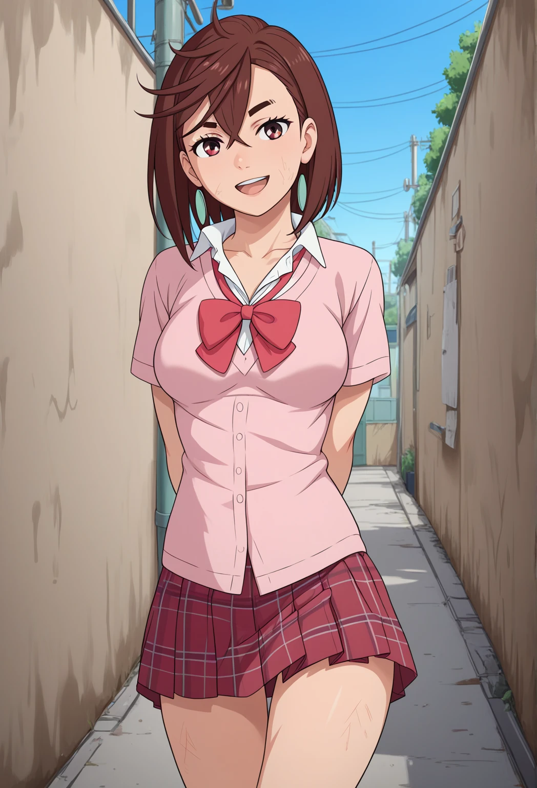 miyoshi kaya, light brown hair, high ponytail,small breasts, orange eyes, parted bangs, forehead,
1girl,solo,looking at viewer, ,smile,,nsfw,ribbon,long sleeves,miniskirt,thighhighs,outdoor,(((gyaru)))