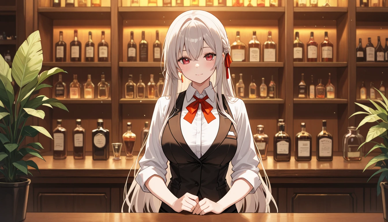 solo, 1girl, elie macdowell, grin, holding molotov cocktail, black hairband, hair ribbon, long hair, green eyes, v-shaped eyebrows, ascot, uniform, long red sleeves, white dress, pencil skirt, belt, pantyhose, large breasts, masterpiece, best quality, rating: general, newest <lora:elie-xl-nvwls-v1:1>