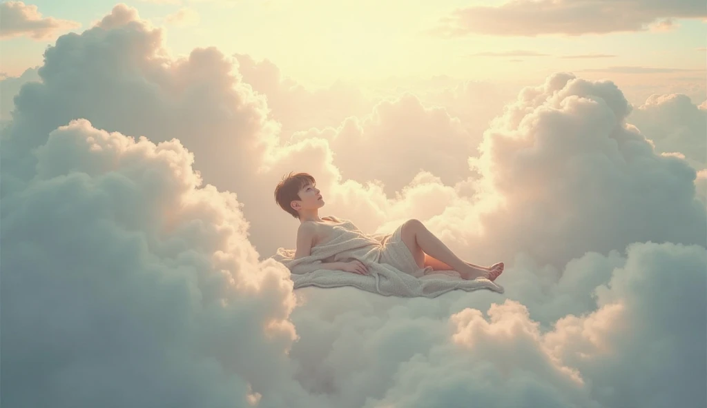 beautiful naked slim body, toned legs Japanese man sleeping happily in the clouds, angelical face give back to camera , (short hair:1.2), by zaria forman, by night he sleeps turning lean slim Butt to viewer, handsome Japanese boy sleep naked showing his feet soles laying down in