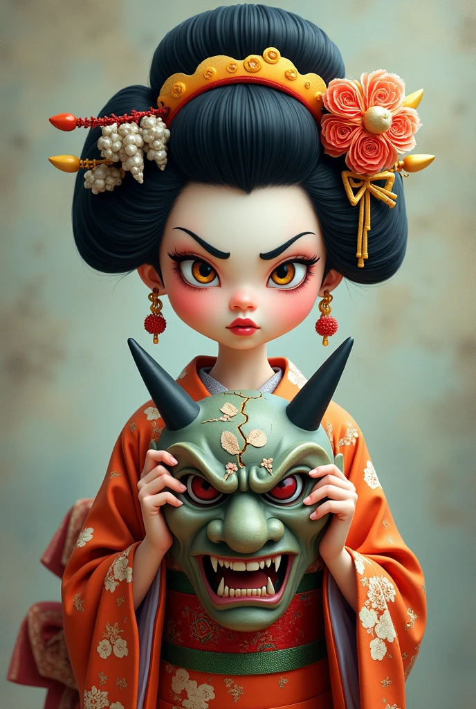 ((Girl with a Balinese monster on her head)), Creepy, (Horror elements), Creepy , (primitive art), old picture scroll style,Ancient mural style
