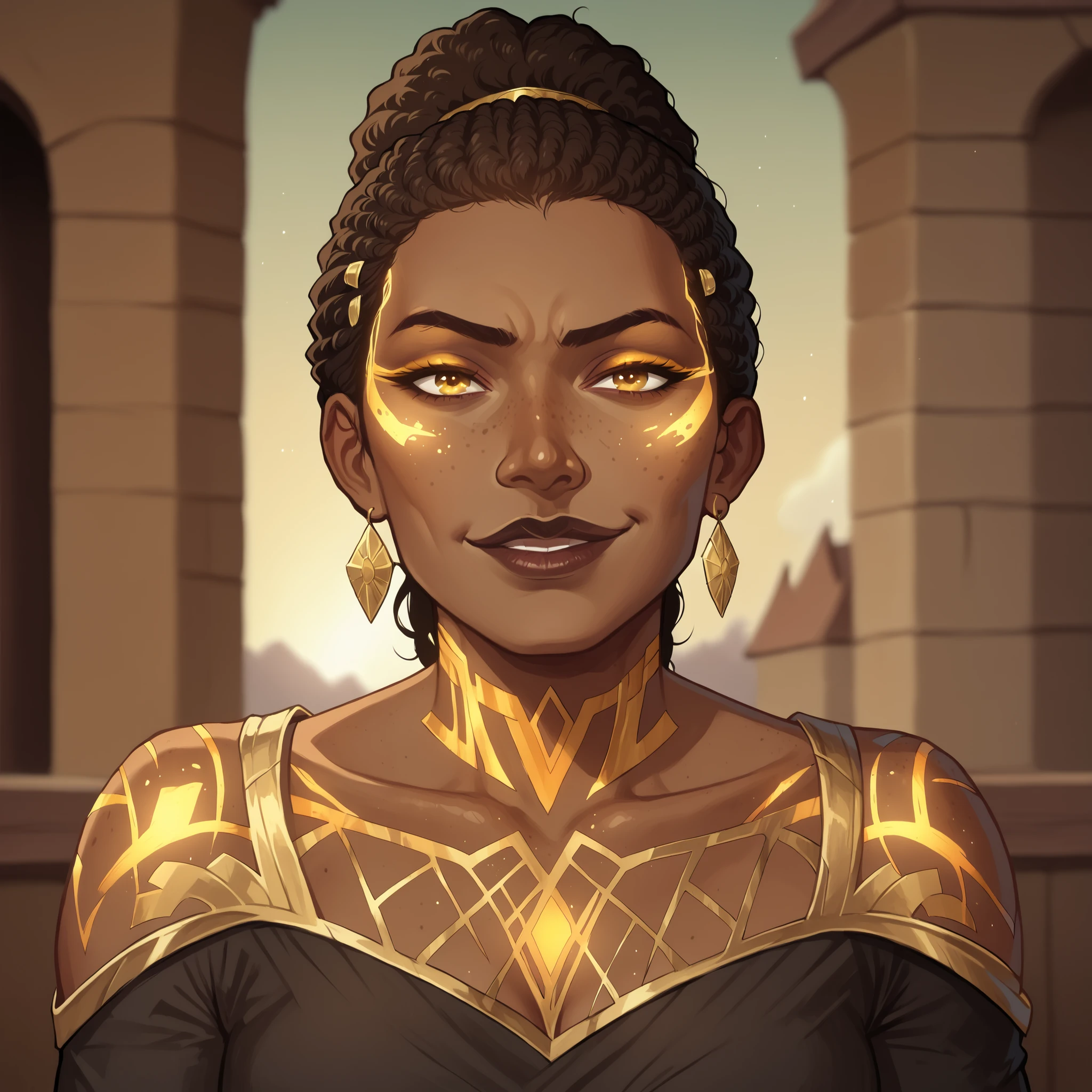 (((beautiful, high quality, comics style, detailed face))), score_9, score_8_up, score_7_up, masterpiece, best quality, unrealistically high details, extremely high quality, ultra-high detail, good anatomy, rating_explicit, perfect anatomy, anatomically correct hands:1.5, blurred background, detailxl, DeepNegative_xl_v1, zPDXL3, Score_PnyReal, deep_negative_pony, cowboy shot:1.5 BREAK human, solo1:3, 1girl, African appearance, ((smirking, sultry smile)), ((darker skin, ebony skin)), dark lips, afro_hair, MelS2_gold_tattoo, golden glowing freckles, golden glowing markings on skin, long eyelashes, collarbone, eyeliner, makeup, fantasy, black_dress, tiny_breast BREAK (face near viewer), (expressive face, expressive body, expressive emotions, dynamic pose, detailed facial expression, engaging presence)
