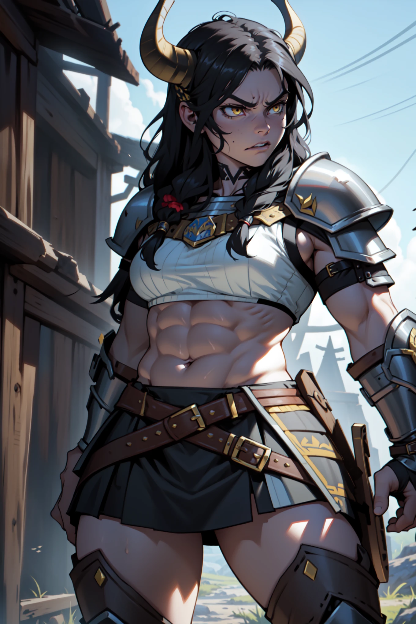 (((muscular))), (thick thighs, small breasts, toned body, 1 girl), black hair, pale skin, yellow eyes, angry, very long hair (((viking armor)))