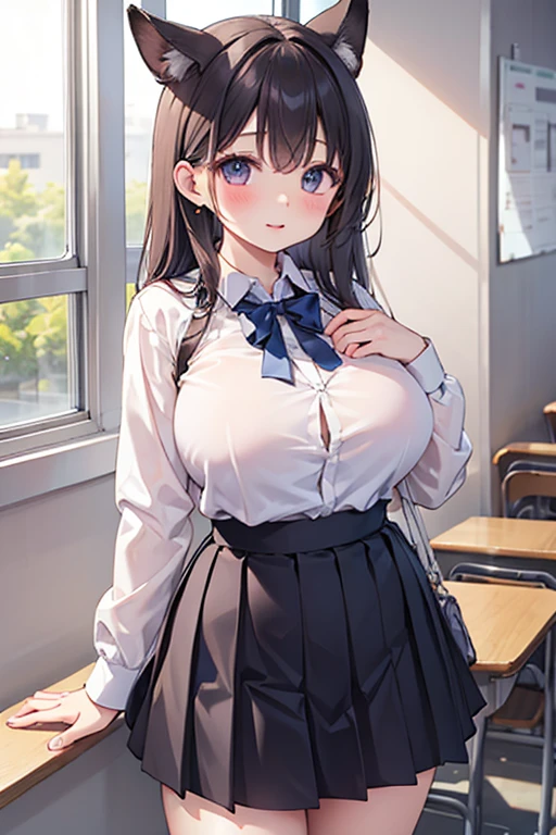 1girl, skirt, purple eyes, plaid, pantyhose, shirt, blush, long hair, twintails, plaid skirt, bow, solo focus, brown hair, collared shirt, white shirt, school uniform, bangs, hair between eyes, cardigan, pleated skirt, 1boy, blue bow, long sleeves, open mouth, low twintails, indoors, brown cardigan, fang, very long hair, plaid bow, grey skirt, bowtie, curtains, cheek pinching, breasts, sleeves past wrists, blonde hair