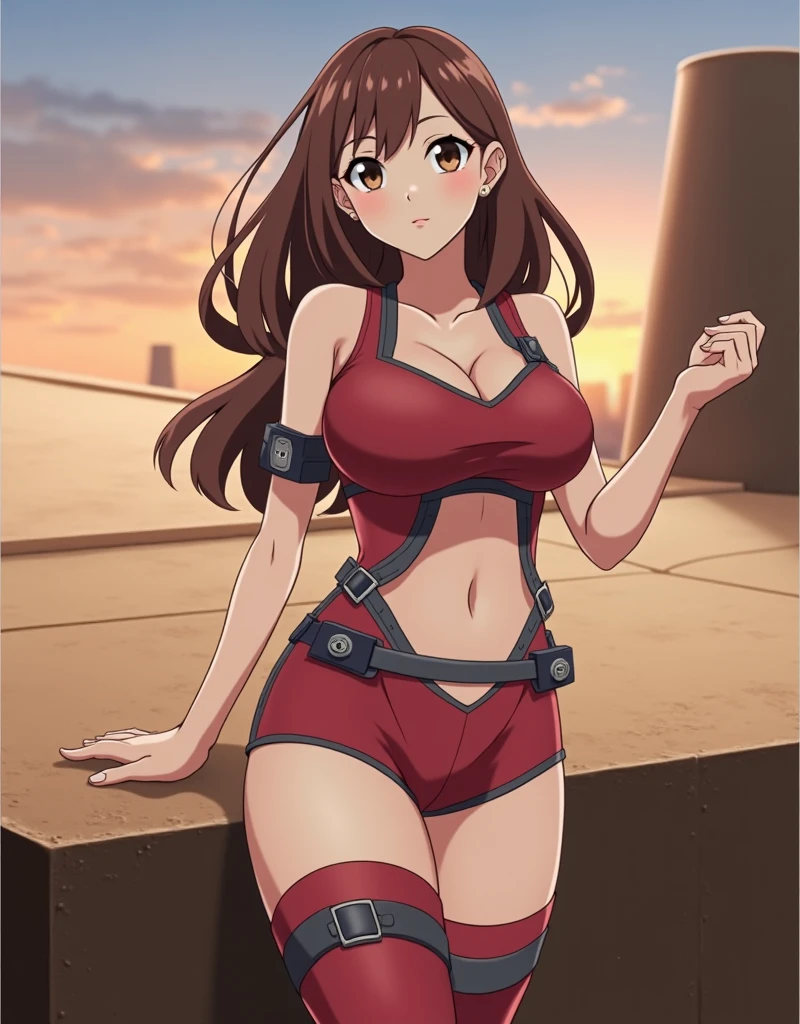 long dark brown hair, golden eyes and fair skin. She wears a jumper-style outfit comprised of dark brown leather, a red hood, red socks, and white thigh-high boots adorned with