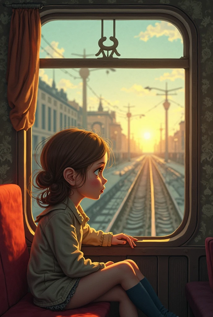   Create an image of a  girl in a train looking out the window ( I need the photo to decorate a book of a story ) (The image that is drawing )