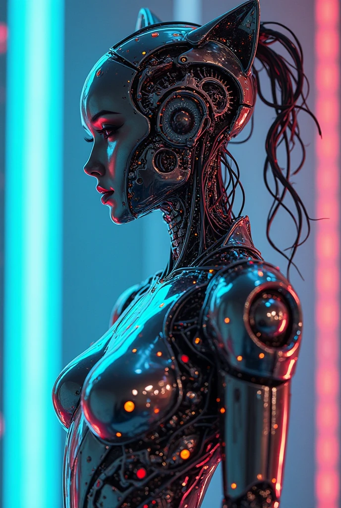 front view, a sexy female robot,glossy metallic body, glowing blue circuitry, beautiful detailed eyes,beautiful detailed lips,extremely detailed face and skin,long eyelashes,seductive pose,intricate mechanical details,futuristic sci-fi setting,dramatic lighting,cinematic composition,(best quality,4k,8k,highres,masterpiece:1.2),ultra-detailed,(realistic,photorealistic,photo-realistic:1.37),highly detailed, cinematic, dramatic lighting,vibrant neon colors