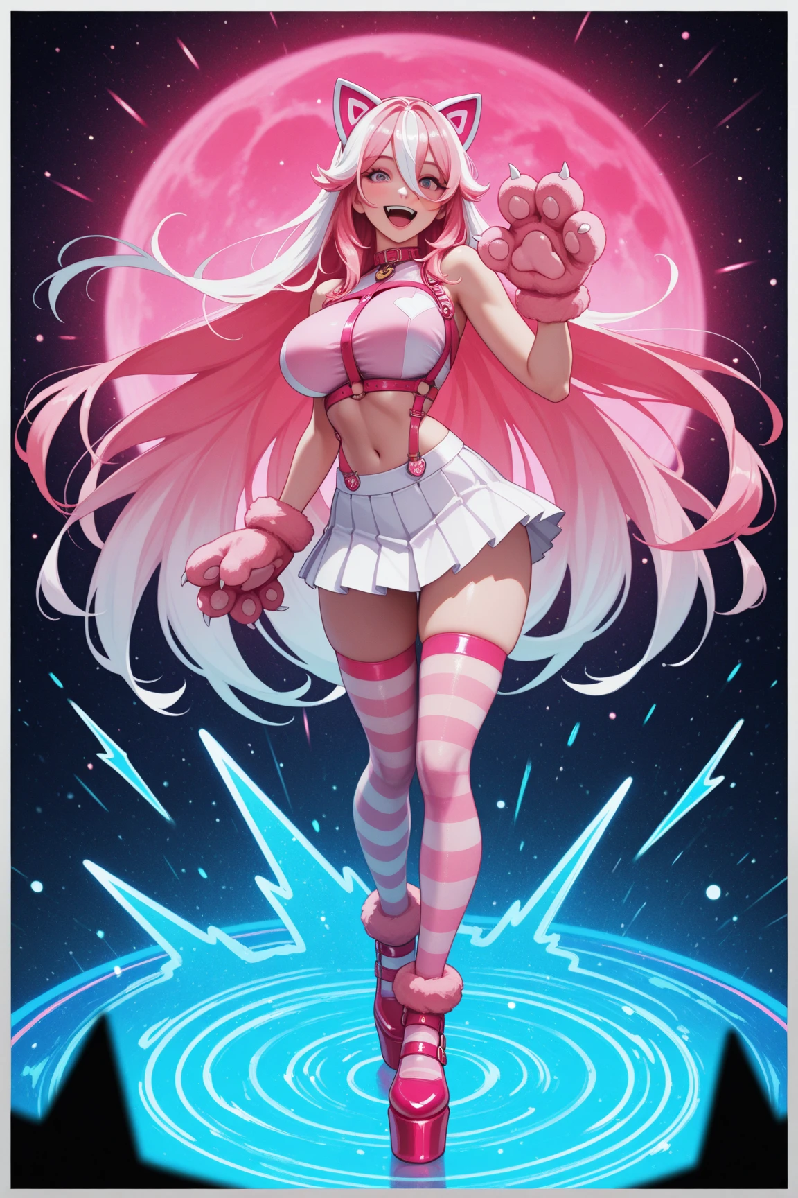 absolutely symmetrical, full body standing,standing-pose,t-pose character design in anime style, female with giant breasts,pink pigtails hairstyle ,teal expressive shiny eyes and small pink lipstick mouth, minimal design,naked, greenscreen background