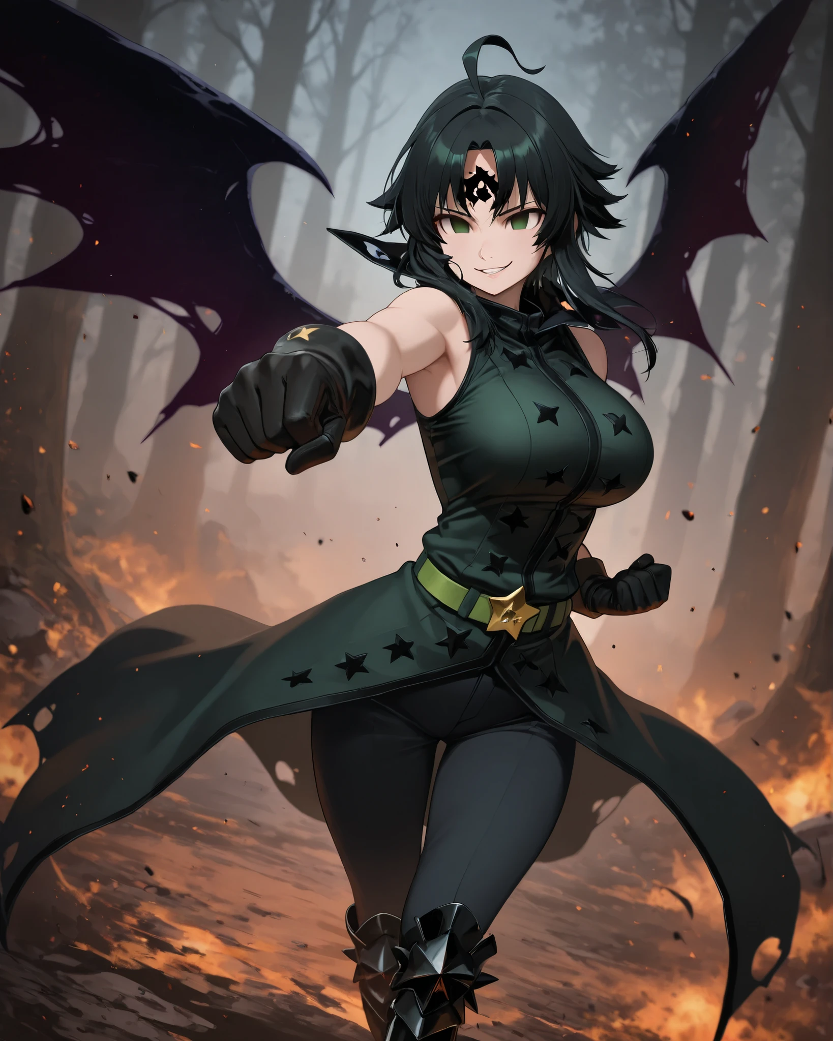 masterpiece,best quality,very aesthetic,
5 fingers,finger detailing,
forest,
empty eyes,solo,1girl,female focus,green eyes,facial mark,forehead mark,ahoge,black hair,wings, matter wings,
dark wings, dark matter wings,
Commander uniform,black star (symbol),green coat,armored_boots,sleeveless,gloves,headband,pants,coat,boots,black gloves,Big breasts,
evil smile,punching,magic,fighting_stance,
cinematic_angle,dutch angle,dynamic_angle, belt; green belt,
