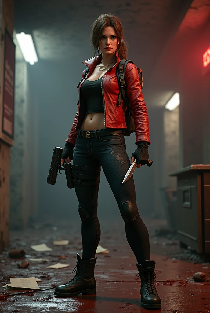 ((Best quality)), ((Masterpiece)), (detailed), (Detailed face:1.2), (Detailed eyes:1.2), (Perfect figure:1.2), (full-body-shot (front shot):1.3), 1girl, UDSam, solo, short hair, blonde hair, (Wearing: Red jacket, white leggings, fingerless gloves, snow boots and backpack), dark, gloomy dramatic, spooky lighting with lot of fog, foggy and snowing weather snowy, blizzard, in a forest, night time with huge white moon, intricate, absurdres, highest-quality, extremely-detailed, masterpiece, 8k UHD, 4k HDR, RAW photograph, film-grain