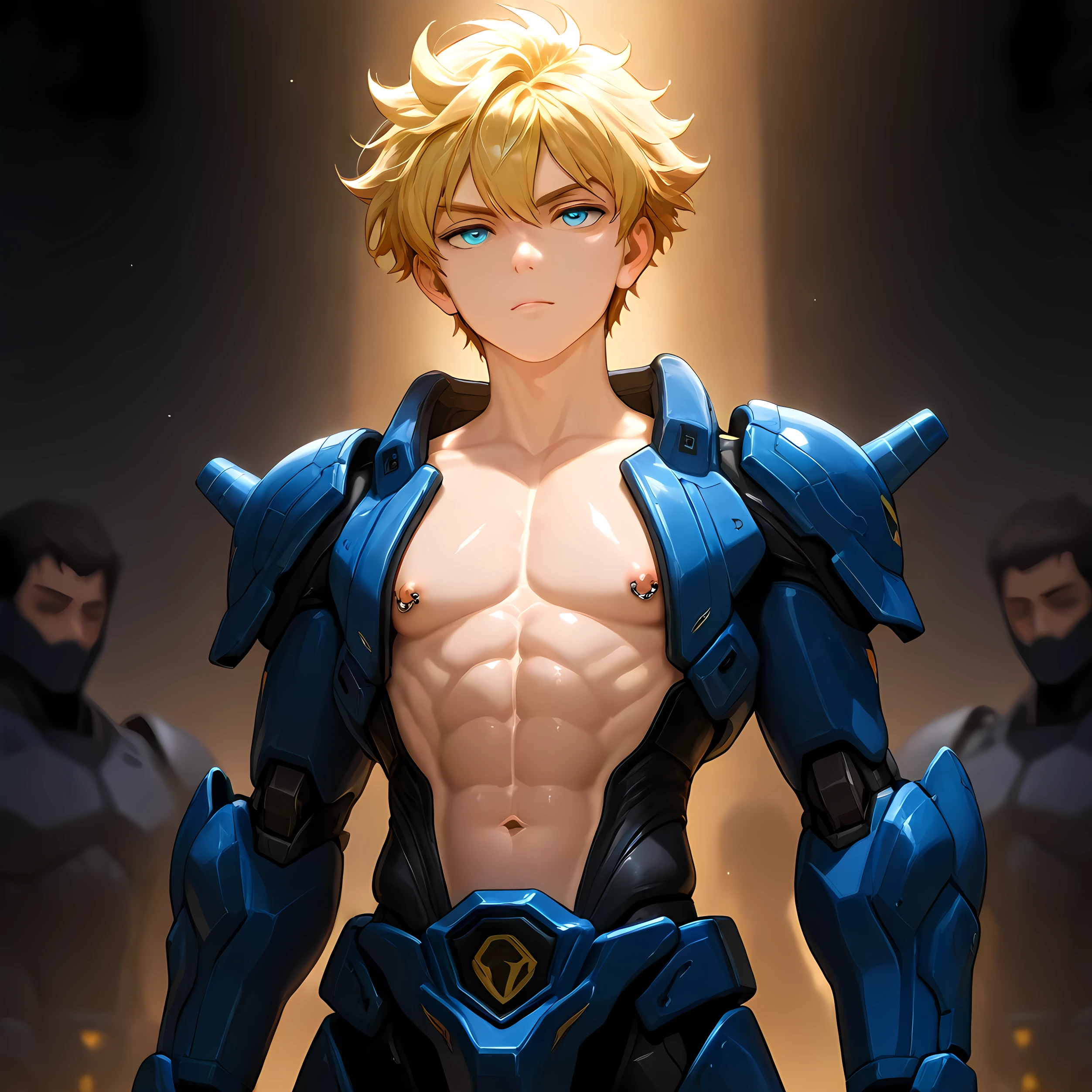 A high-definition image of a young age boy wearing a mecha gundam full body armor that open only at the abdomen and chest, revealing defined abs and chest to his nipples, The background shows a futuristic, high-tech setting with advanced machinery and dim, atmospheric lighting to emphasize the details of the armor and the boy's physique. The boy looks determined and focused, as if preparing for an upcoming battle or mission. art style and the armor should be cover all his body except for abs and chest shota, A broader chest calm face,dark atmosfer,good shedding,yellow hair,good nipple,chest and abs looks shiny,shoot from down,young age all hd quality,semi realistic, good line art and light from his back,good abs, short hair,solo leveling art style,3d,ring nipple piercing with shining blue gewel ,(full cover armor side and back),make sure to keep open his chest and abs,head tilted upwards showing an arrogant face,night city with crowd people for background,black gundam armor,uncover neck,his neck should be exposed, exposed neck,no collar,no collar armor