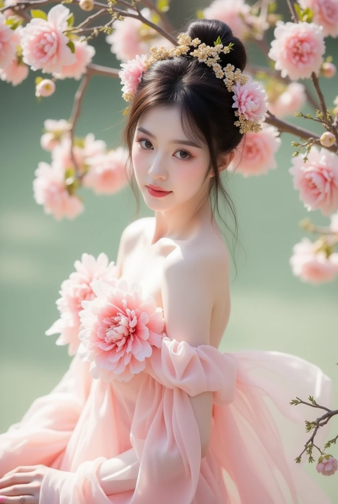 best quality, ultra high res, (photorealistic:1.4), (nsfw:0.9),1 girl, (ulzzang-6500:1), Kpop idol, 1 Female warrior, (Light short hair:1.5), intricate earrings, intricate lace hair ornament,(small breasts:1.2),(off shoulder:1.1), (looking at viewer:1.331),(Standing in the water:1.331),(armpits:1.33),armlet, bangle, anklet, pink hair, blunt bangs, parted bangs,(hanfu:1.4), (parted lips:1.1), (eyelashes:1.1), (happy:1.21), (depth of field:1.1), lens flare, (chromatic aberration:1.1), (caustics:1.1), Fly wearing a mech in the sky,Blue sky and white cloud, (water splash:1.21), branch, (beautiful detailed sky:1.331), (flower on liquid:1.331), (scattered luminous petals:1.331), (pussy:1.331),
